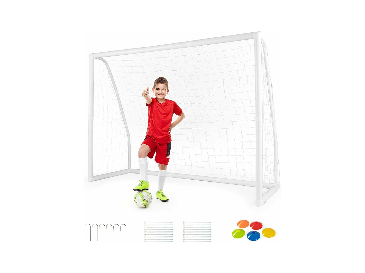 But de Football, Cage de Foot avec Filet Résistant aux Intempéries et Cadre UPVC Piquets de Sol et Cônes de Football (245 x 182 cm)