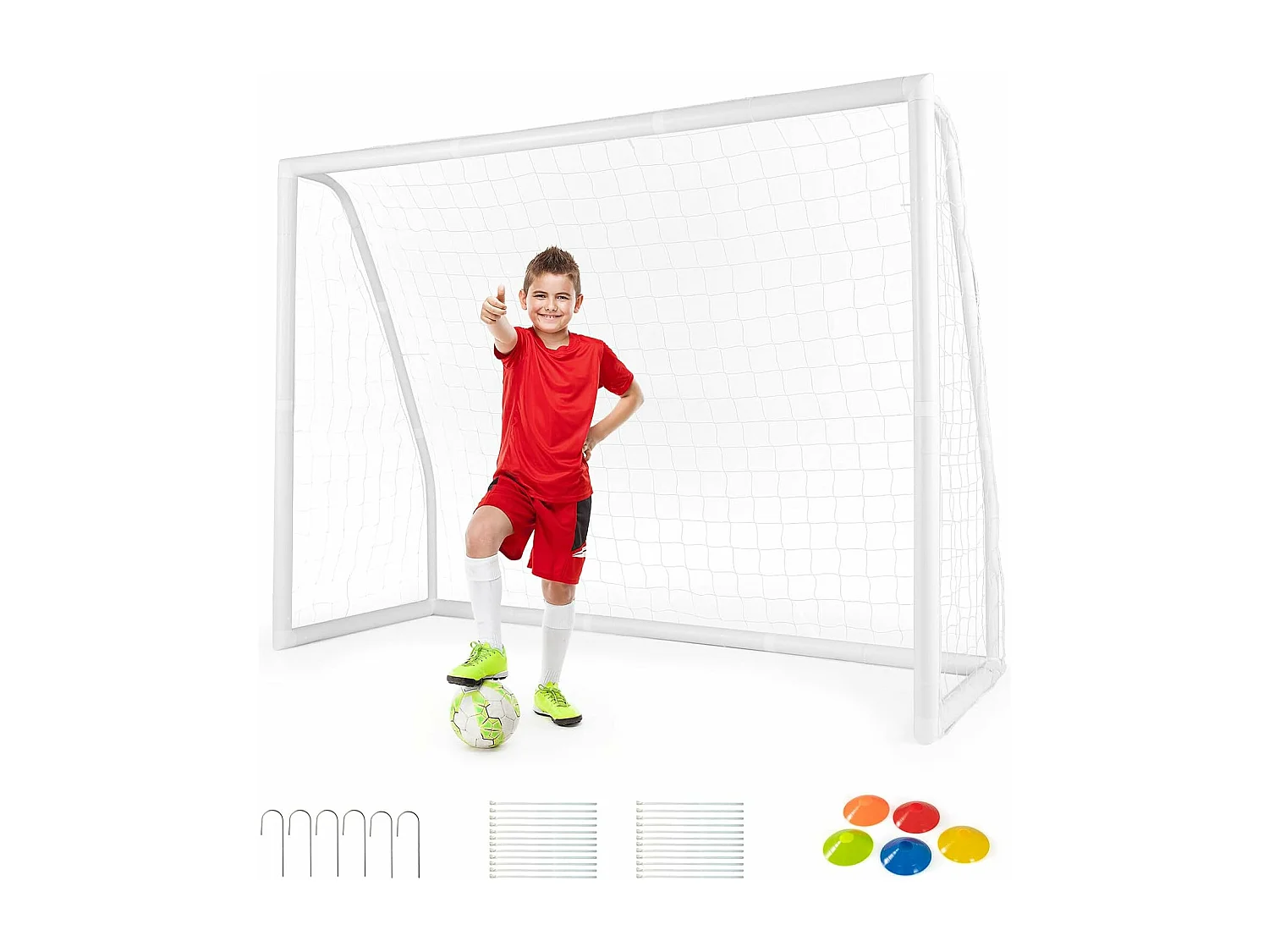 But de Football, Cage de Foot avec Filet Résistant aux Intempéries et Cadre UPVC Piquets de Sol et Cônes de Football (245 x 182 cm)