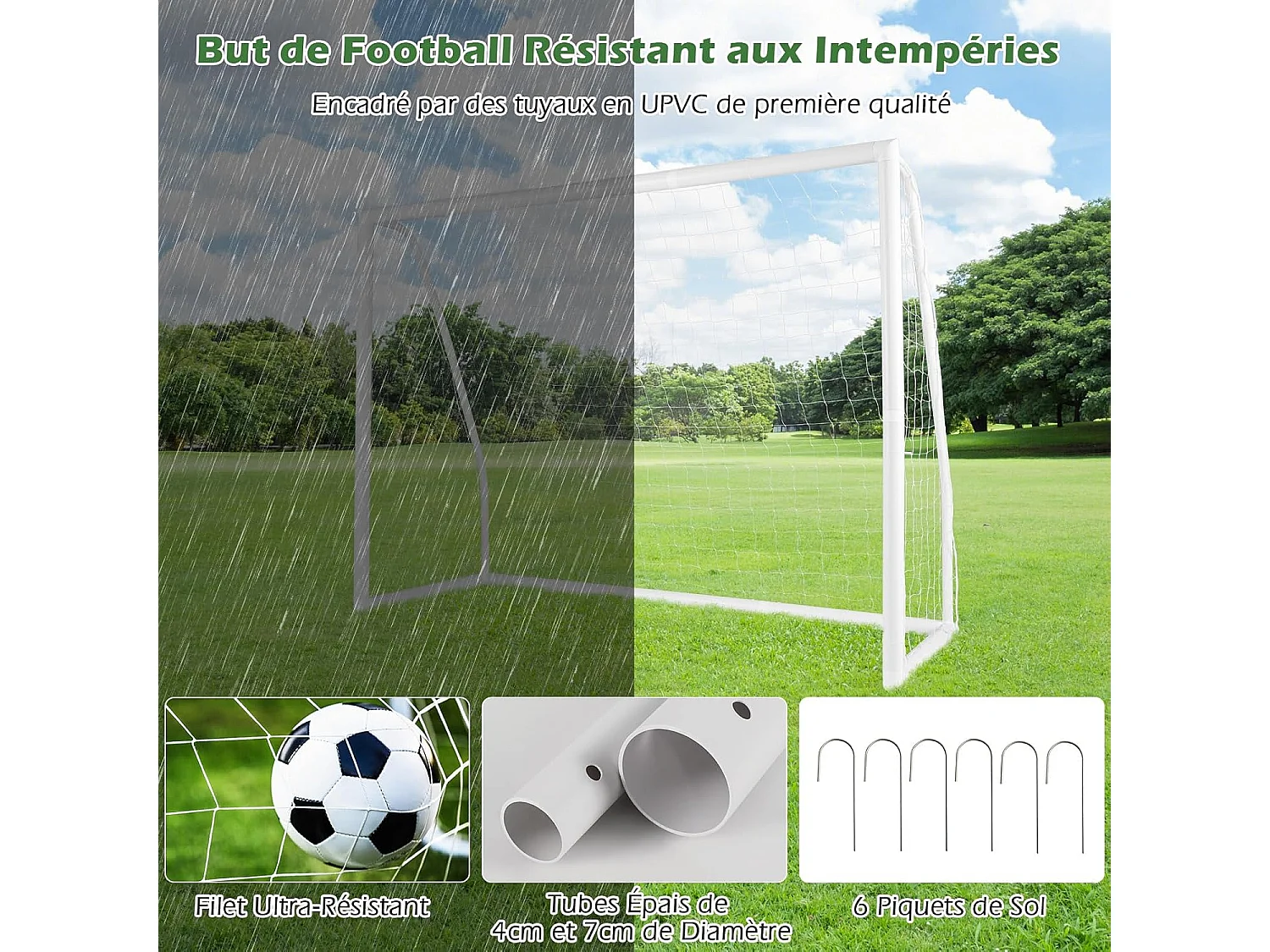 But de Football, Cage de Foot avec Filet Résistant aux Intempéries et Cadre UPVC Piquets de Sol et Cônes de Football (245 x 182 cm)