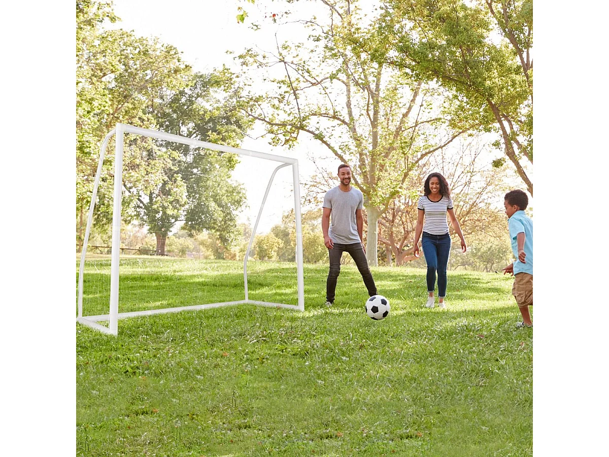 But de Football, Cage de Foot avec Filet Résistant aux Intempéries et Cadre UPVC Piquets de Sol et Cônes de Football (245 x 182 cm)