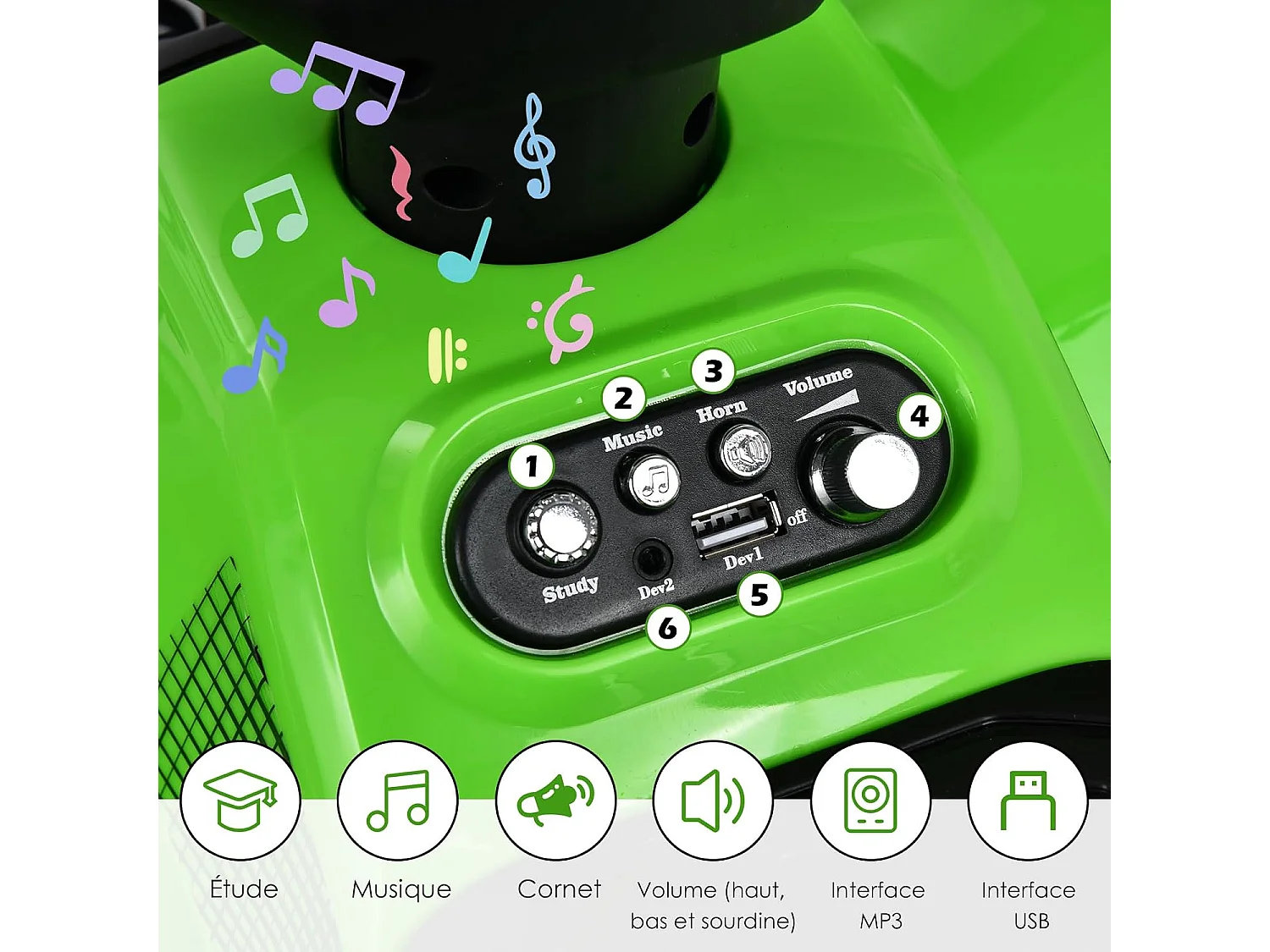 Quad Électrique Enfants avec 4 Roues Antidérapantes, Voiture Électrique Enfants avec Musique, Klaxon, Lumière LED, Guidon Lisse, Charge 20 KG 18-36 Mois (Vert)