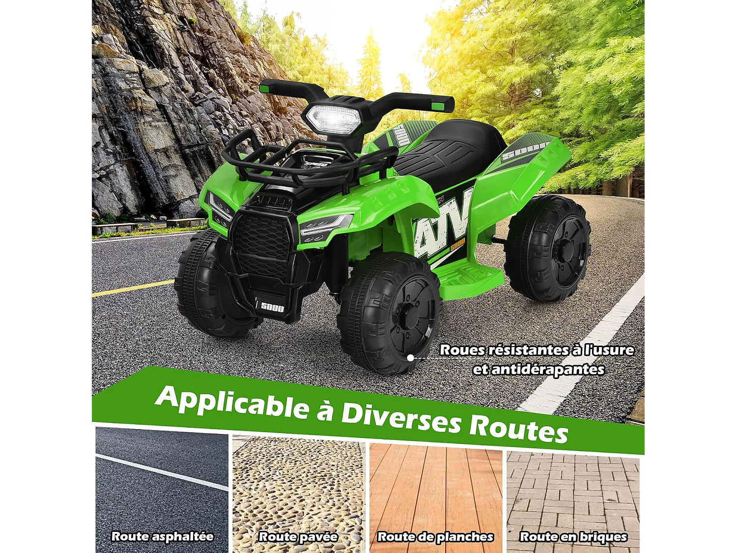 Quad Électrique Enfants avec 4 Roues Antidérapantes, Voiture Électrique Enfants avec Musique, Klaxon, Lumière LED, Guidon Lisse, Charge 20 KG 18-36 Mois (Vert)