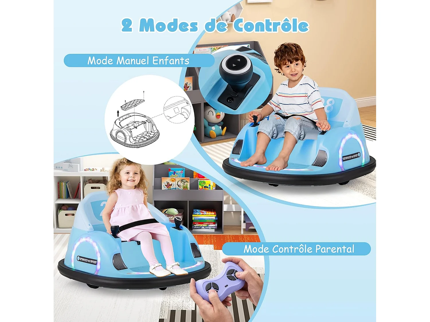 6V Auto Tamponneuse Électrique Enfant avec Télécommande, Voiture Tournante Bébé 360°avec Lumières LED & Musique &  Klaxon, Charge 25kg pour 18 Mois+ (Bleu)