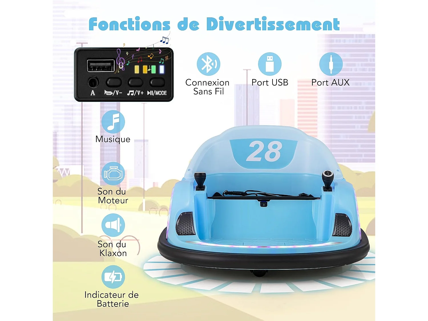 6V Auto Tamponneuse Électrique Enfant avec Télécommande, Voiture Tournante Bébé 360°avec Lumières LED & Musique &  Klaxon, Charge 25kg pour 18 Mois+ (Bleu)
