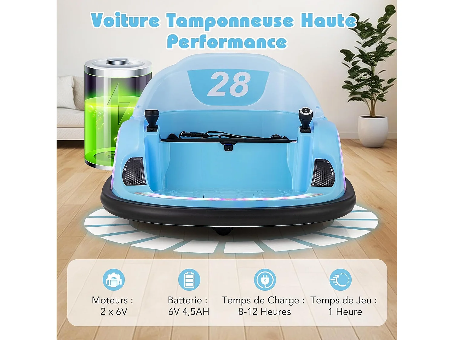 6V Auto Tamponneuse Électrique Enfant avec Télécommande, Voiture Tournante Bébé 360°avec Lumières LED & Musique &  Klaxon, Charge 25kg pour 18 Mois+ (Bleu)