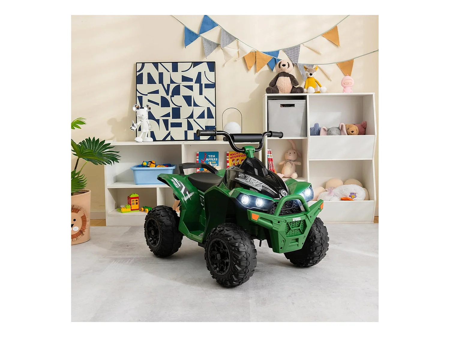 12V Quad Électrique Enfant avec Phares & Musique, Voiture Électrique avec Pédale & Guidon Antidérapant, 2,2/4,3 KM/H, Charge 35kg pour 3-8 Ans (Vert)