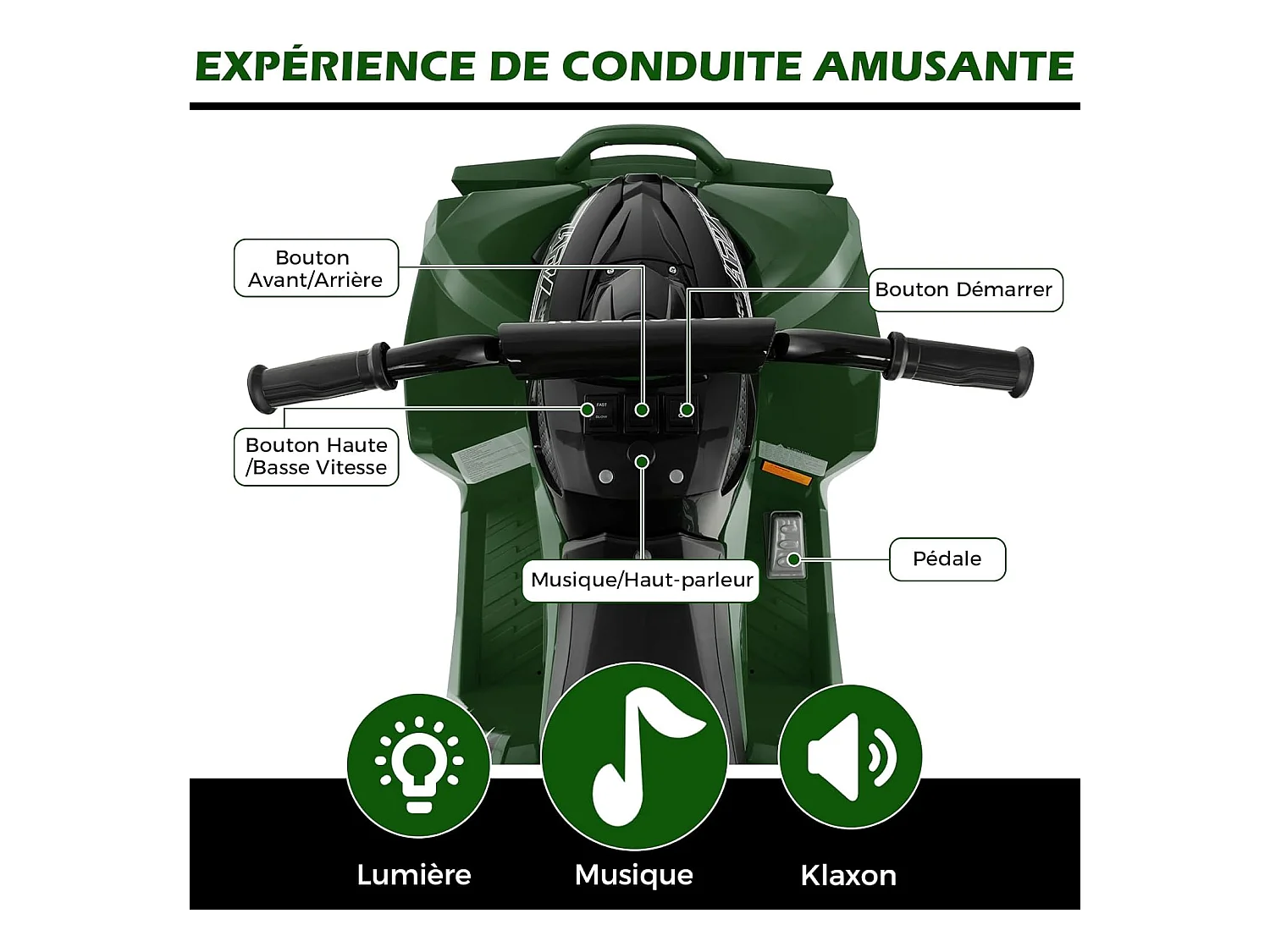 12V Quad Électrique Enfant avec Phares & Musique, Voiture Électrique avec Pédale & Guidon Antidérapant, 2,2/4,3 KM/H, Charge 35kg pour 3-8 Ans (Vert)