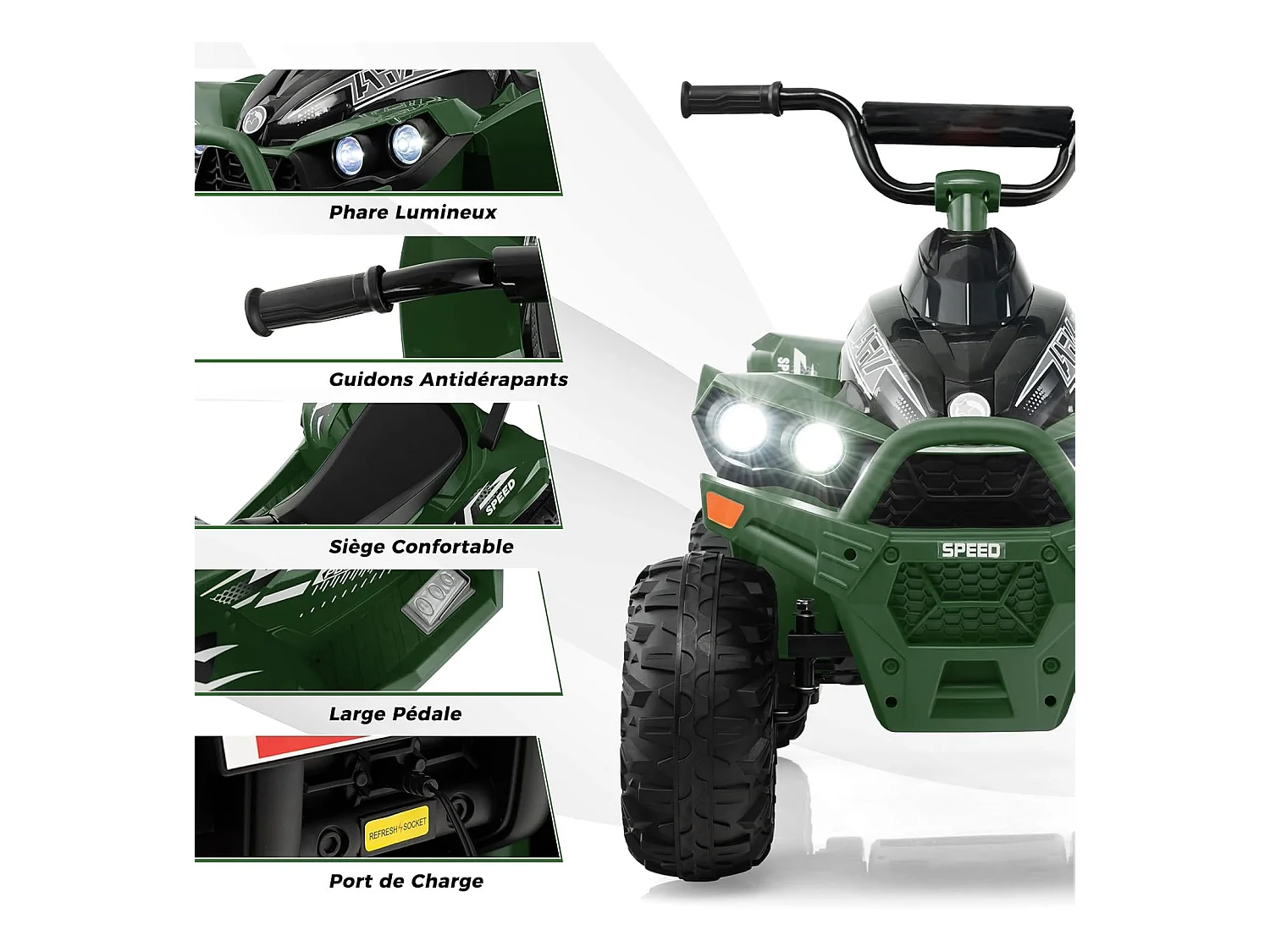 12V Quad Électrique Enfant avec Phares & Musique, Voiture Électrique avec Pédale & Guidon Antidérapant, 2,2/4,3 KM/H, Charge 35kg pour 3-8 Ans (Vert)