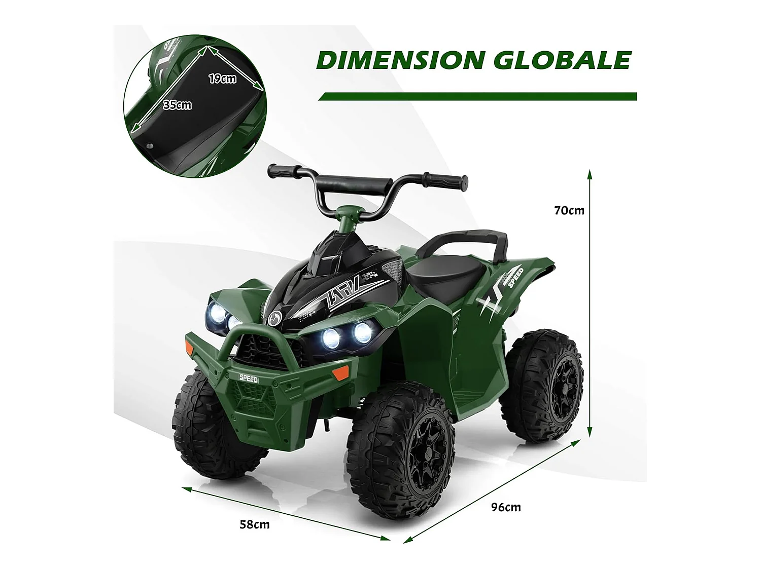 12V Quad Électrique Enfant avec Phares & Musique, Voiture Électrique avec Pédale & Guidon Antidérapant, 2,2/4,3 KM/H, Charge 35kg pour 3-8 Ans (Vert)