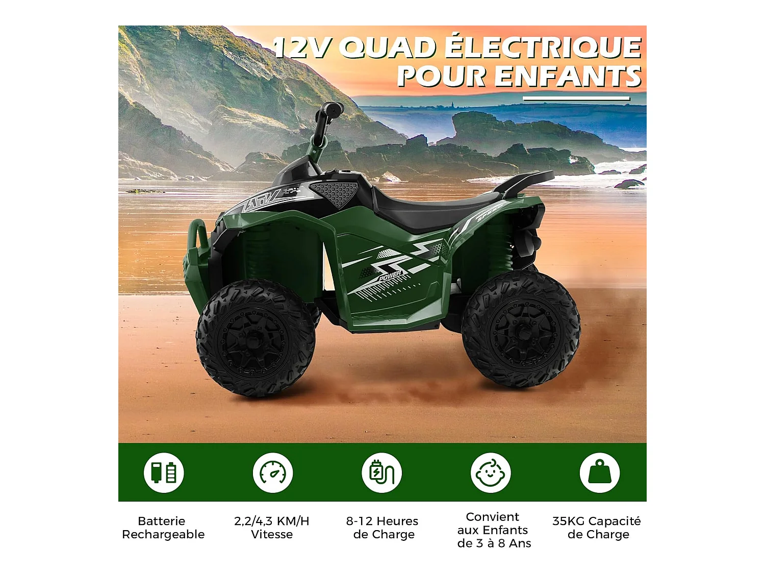 12V Quad Électrique Enfant avec Phares & Musique, Voiture Électrique avec Pédale & Guidon Antidérapant, 2,2/4,3 KM/H, Charge 35kg pour 3-8 Ans (Vert)