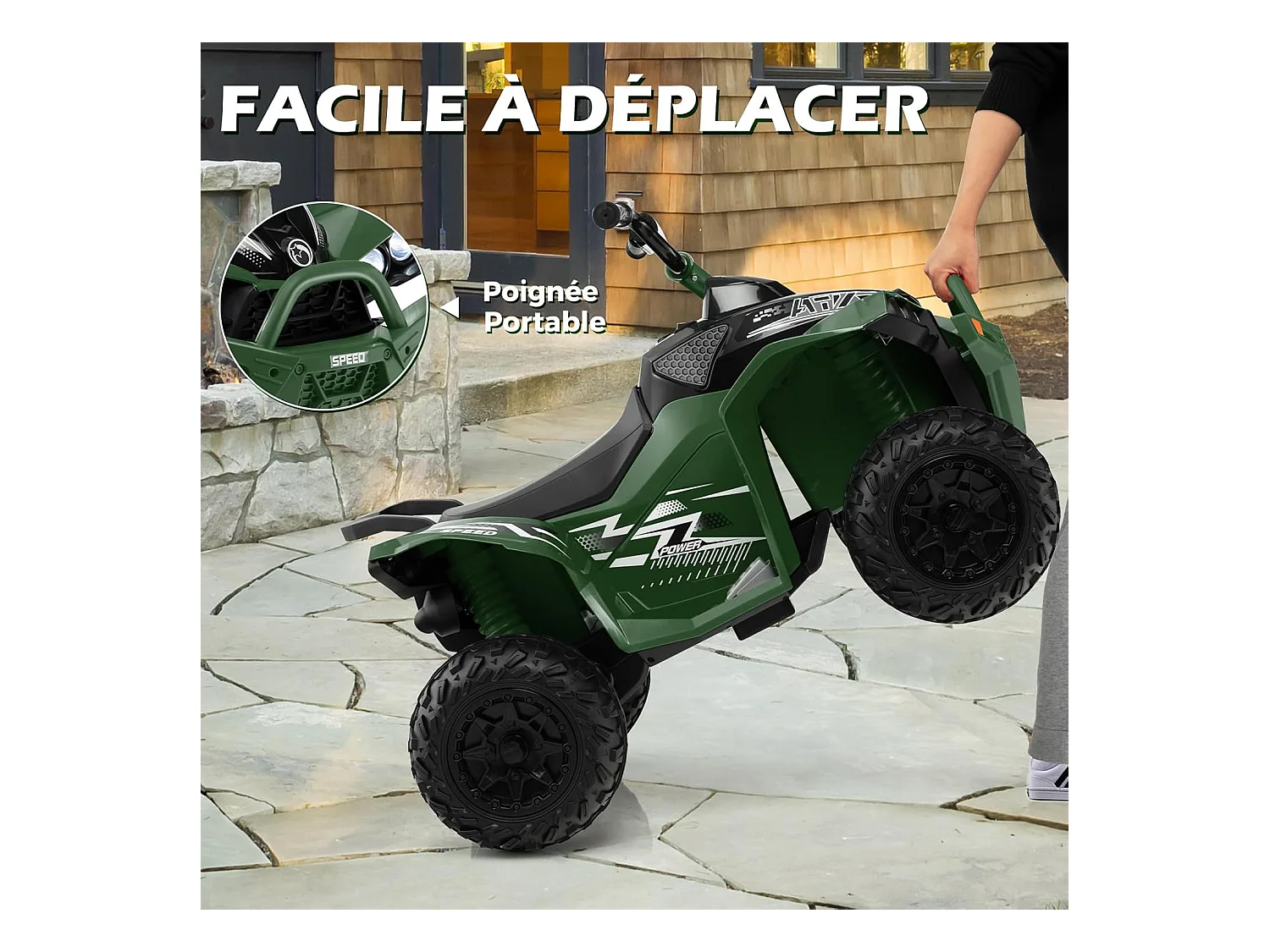 12V Quad Électrique Enfant avec Phares & Musique, Voiture Électrique avec Pédale & Guidon Antidérapant, 2,2/4,3 KM/H, Charge 35kg pour 3-8 Ans (Vert)