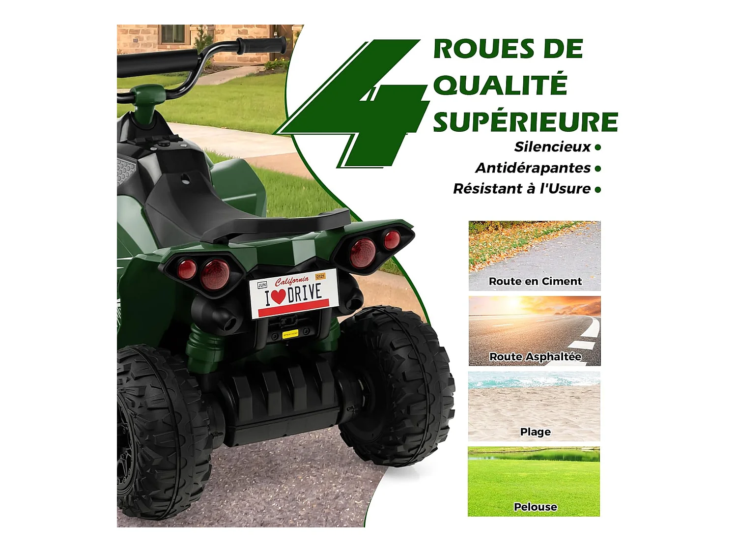 12V Quad Électrique Enfant avec Phares & Musique, Voiture Électrique avec Pédale & Guidon Antidérapant, 2,2/4,3 KM/H, Charge 35kg pour 3-8 Ans (Vert)