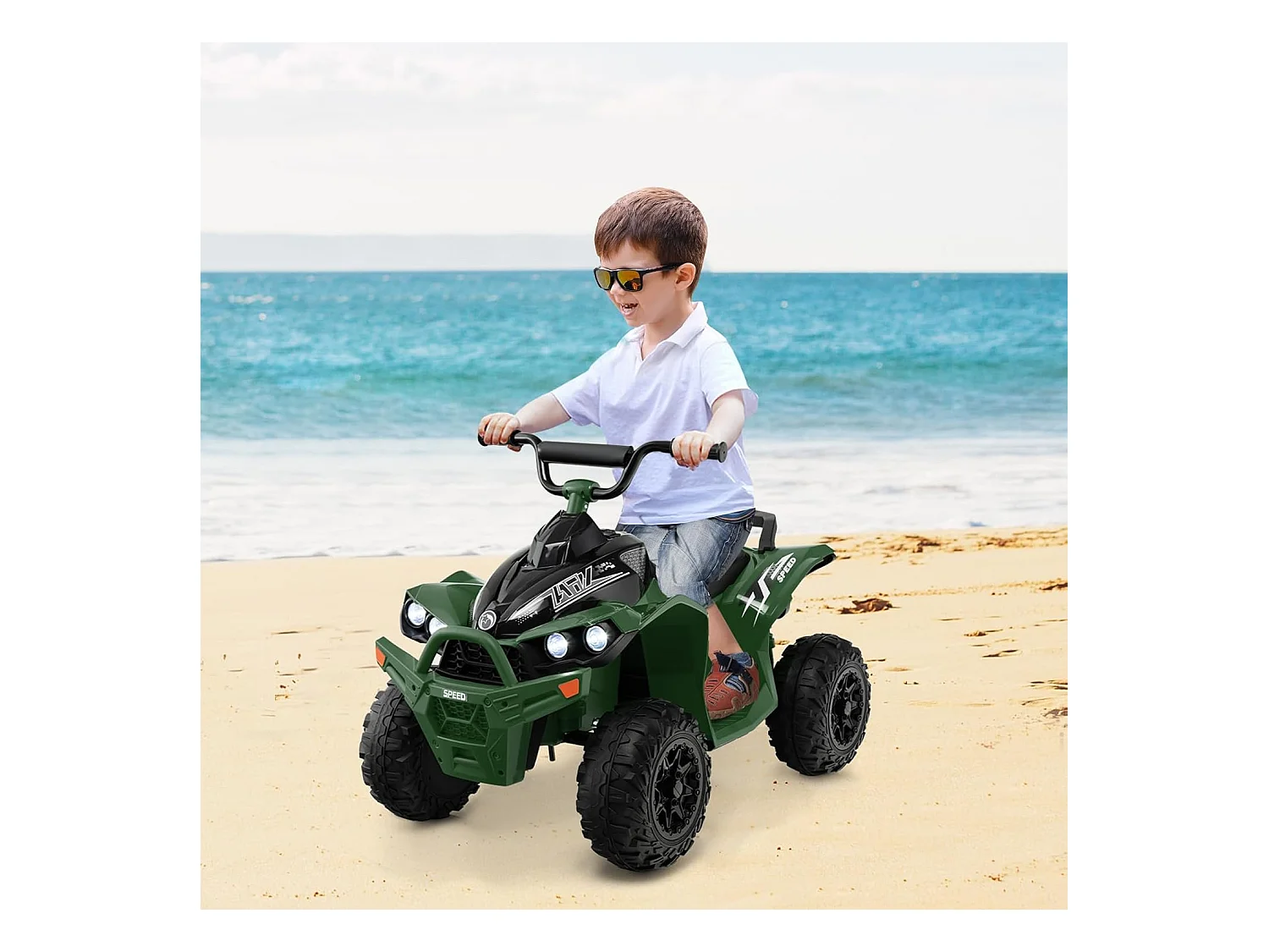 12V Quad Électrique Enfant avec Phares & Musique, Voiture Électrique avec Pédale & Guidon Antidérapant, 2,2/4,3 KM/H, Charge 35kg pour 3-8 Ans (Vert)