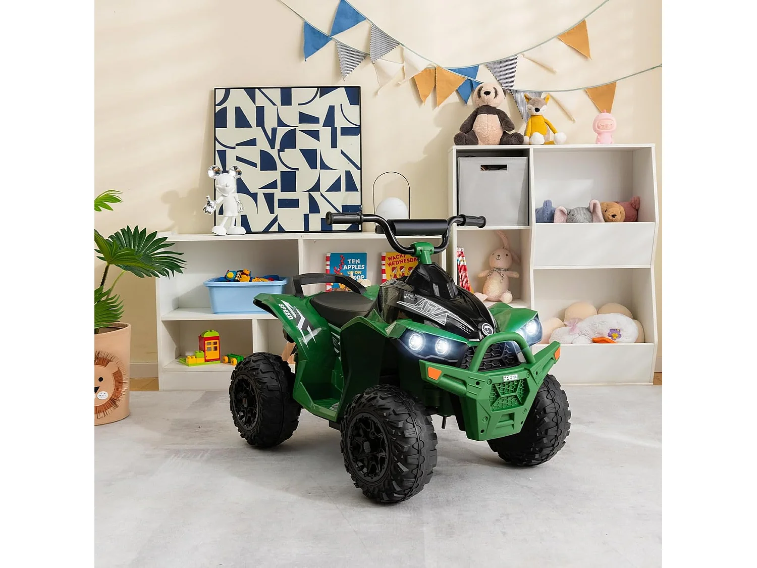 12V Quad Électrique Enfant avec Phares & Musique, Voiture Électrique avec Pédale & Guidon Antidérapant, 2,2/4,3 KM/H, Charge 35kg pour 3-8 Ans (Vert)