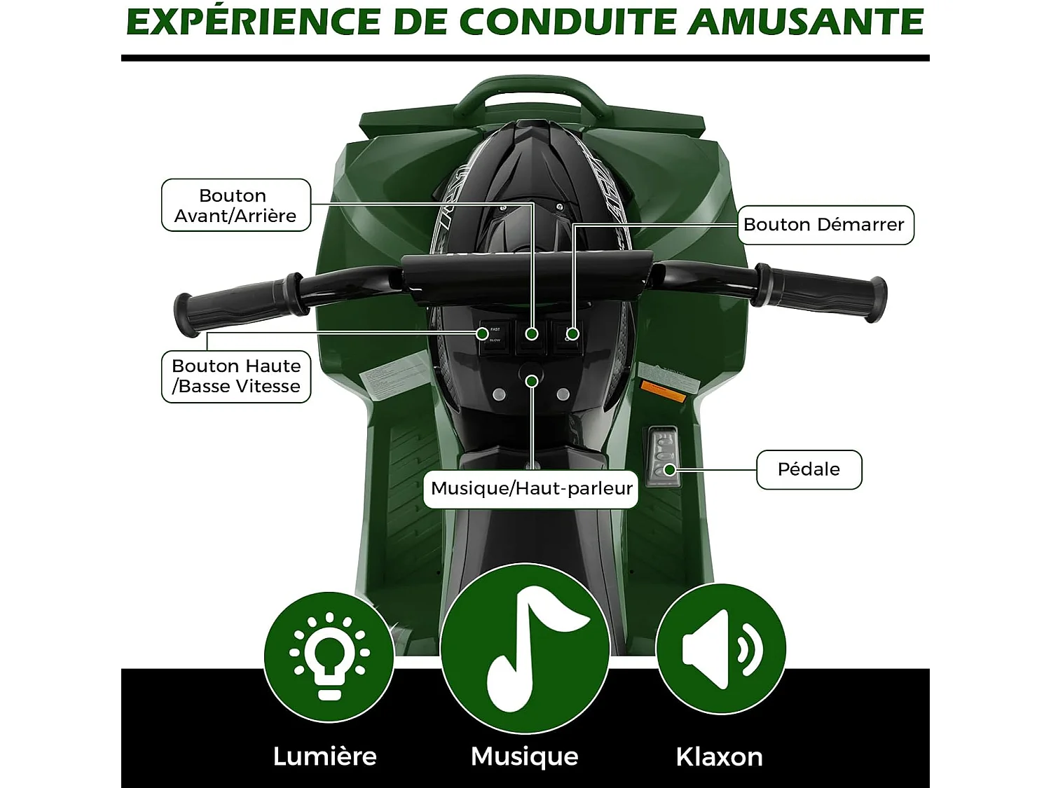 12V Quad Électrique Enfant avec Phares & Musique, Voiture Électrique avec Pédale & Guidon Antidérapant, 2,2/4,3 KM/H, Charge 35kg pour 3-8 Ans (Vert)