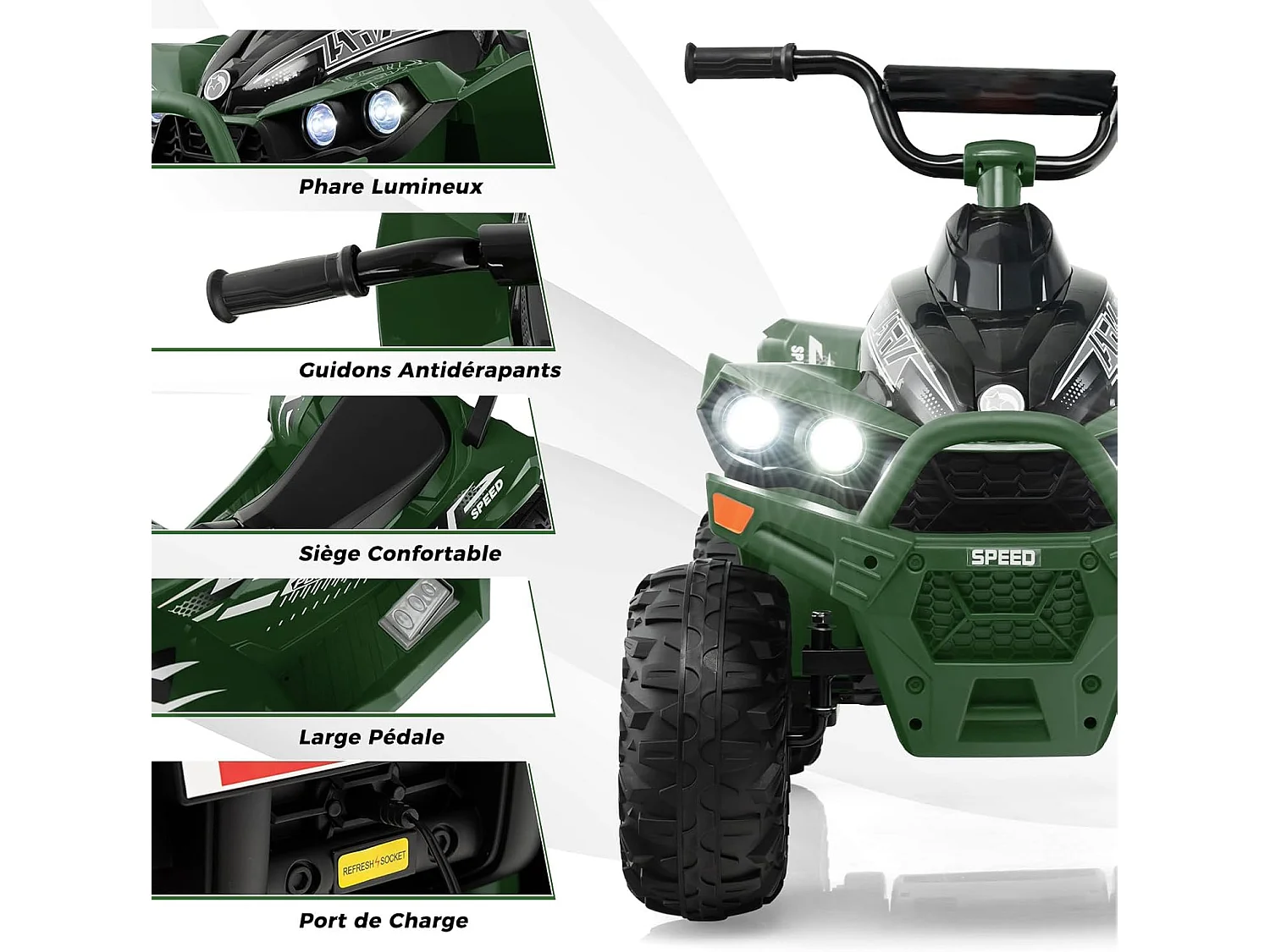 12V Quad Électrique Enfant avec Phares & Musique, Voiture Électrique avec Pédale & Guidon Antidérapant, 2,2/4,3 KM/H, Charge 35kg pour 3-8 Ans (Vert)