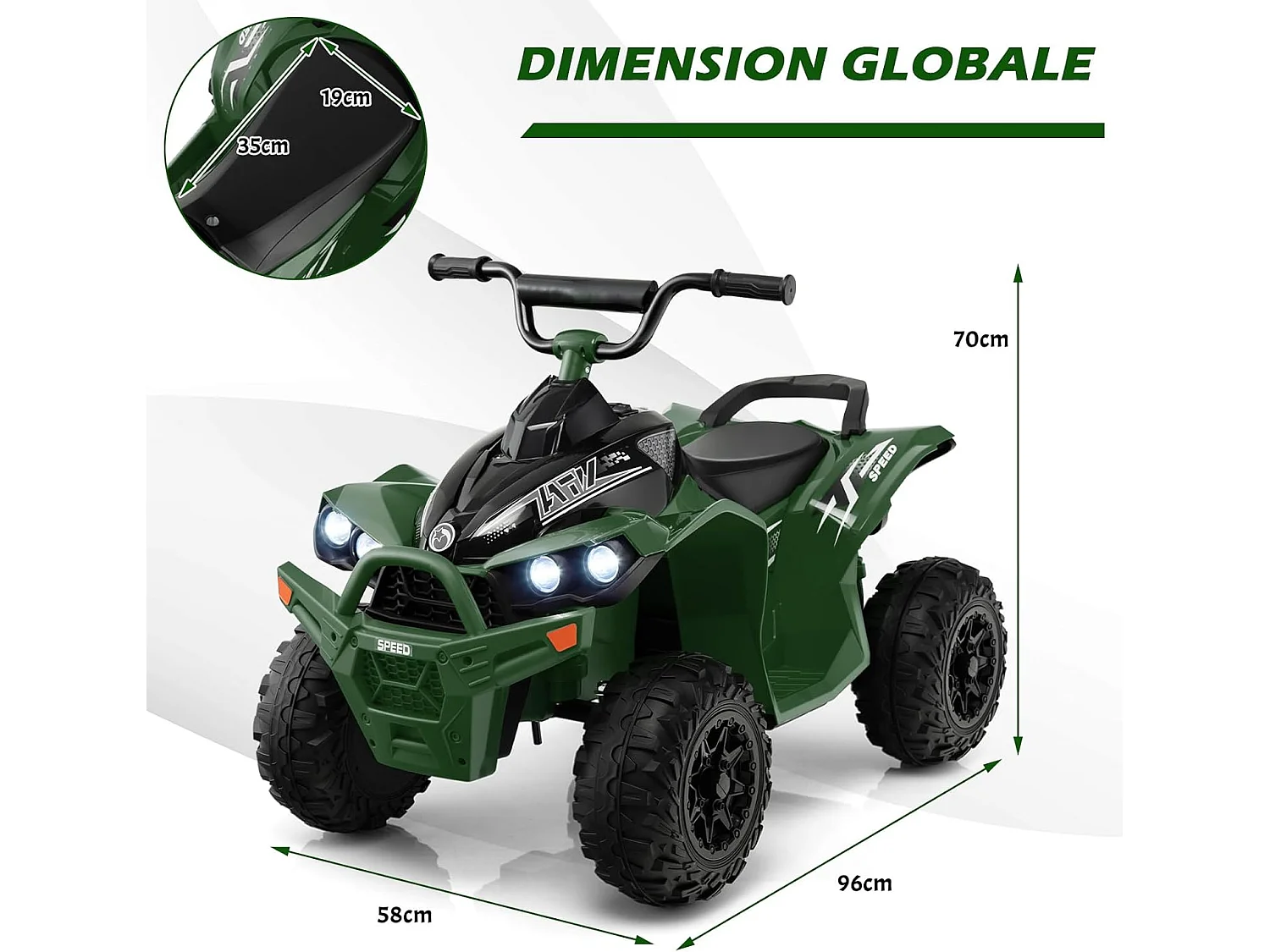 12V Quad Électrique Enfant avec Phares & Musique, Voiture Électrique avec Pédale & Guidon Antidérapant, 2,2/4,3 KM/H, Charge 35kg pour 3-8 Ans (Vert)