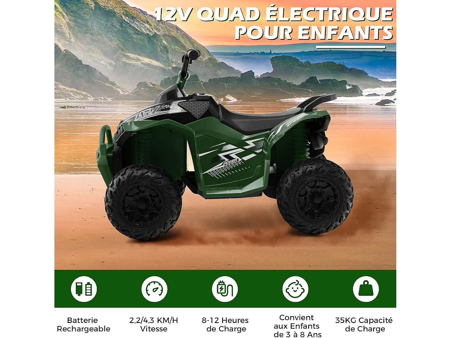 12V Quad Électrique Enfant avec Phares & Musique, Voiture Électrique avec Pédale & Guidon Antidérapant, 2,2/4,3 KM/H, Charge 35kg pour 3-8 Ans (Vert)