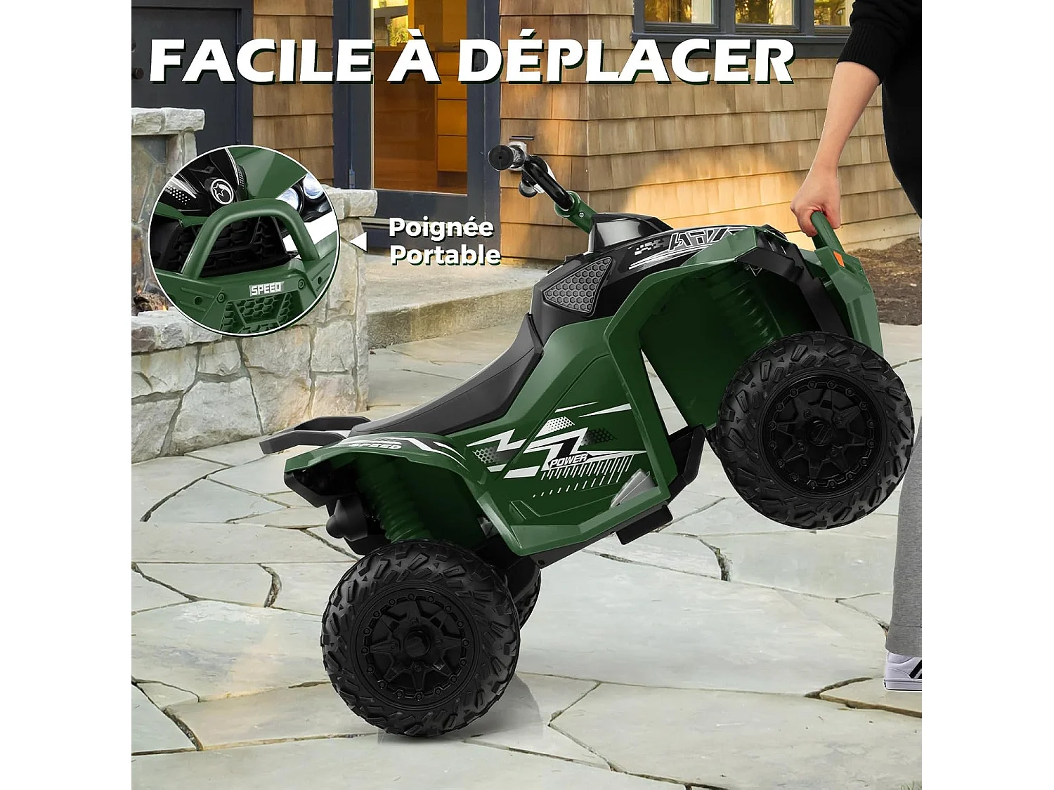 12V Quad Électrique Enfant avec Phares & Musique, Voiture Électrique avec Pédale & Guidon Antidérapant, 2,2/4,3 KM/H, Charge 35kg pour 3-8 Ans (Vert)