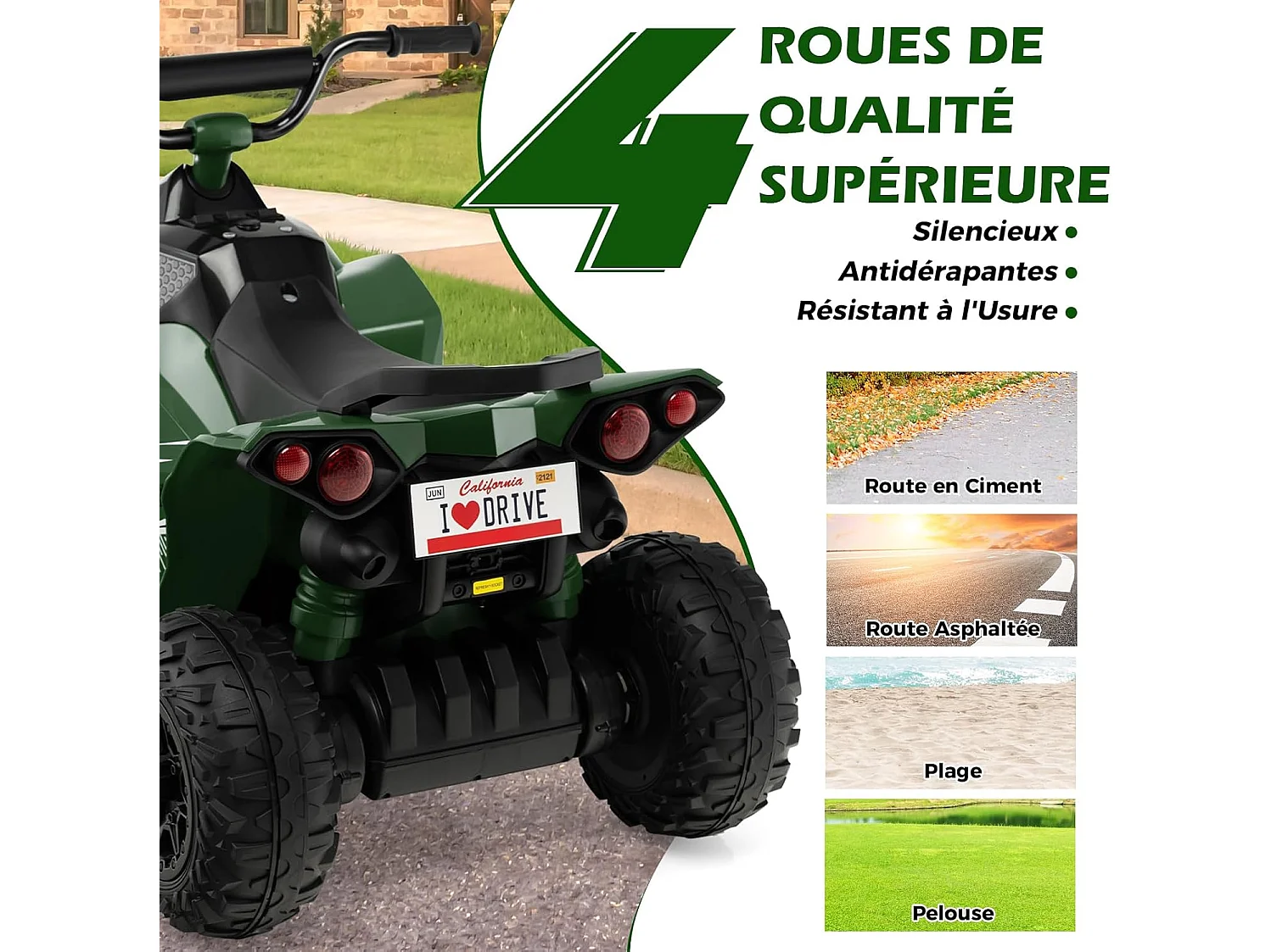 12V Quad Électrique Enfant avec Phares & Musique, Voiture Électrique avec Pédale & Guidon Antidérapant, 2,2/4,3 KM/H, Charge 35kg pour 3-8 Ans (Vert)