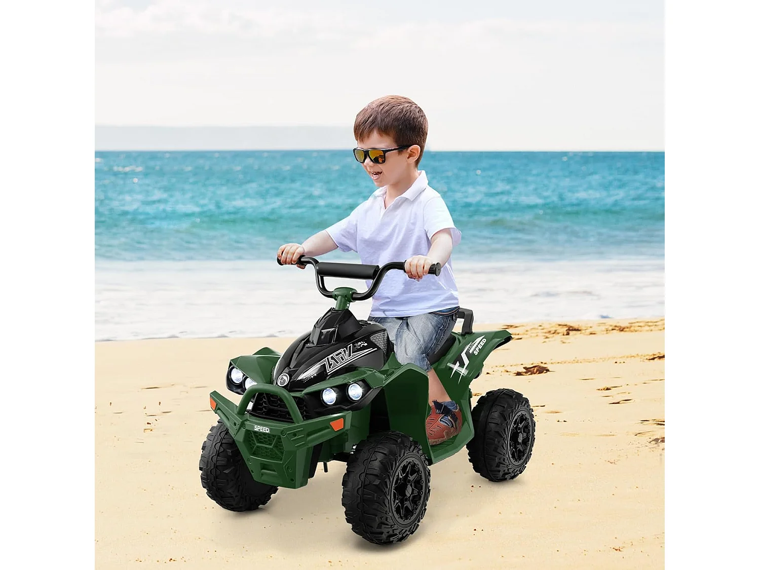 12V Quad Électrique Enfant avec Phares & Musique, Voiture Électrique avec Pédale & Guidon Antidérapant, 2,2/4,3 KM/H, Charge 35kg pour 3-8 Ans (Vert)