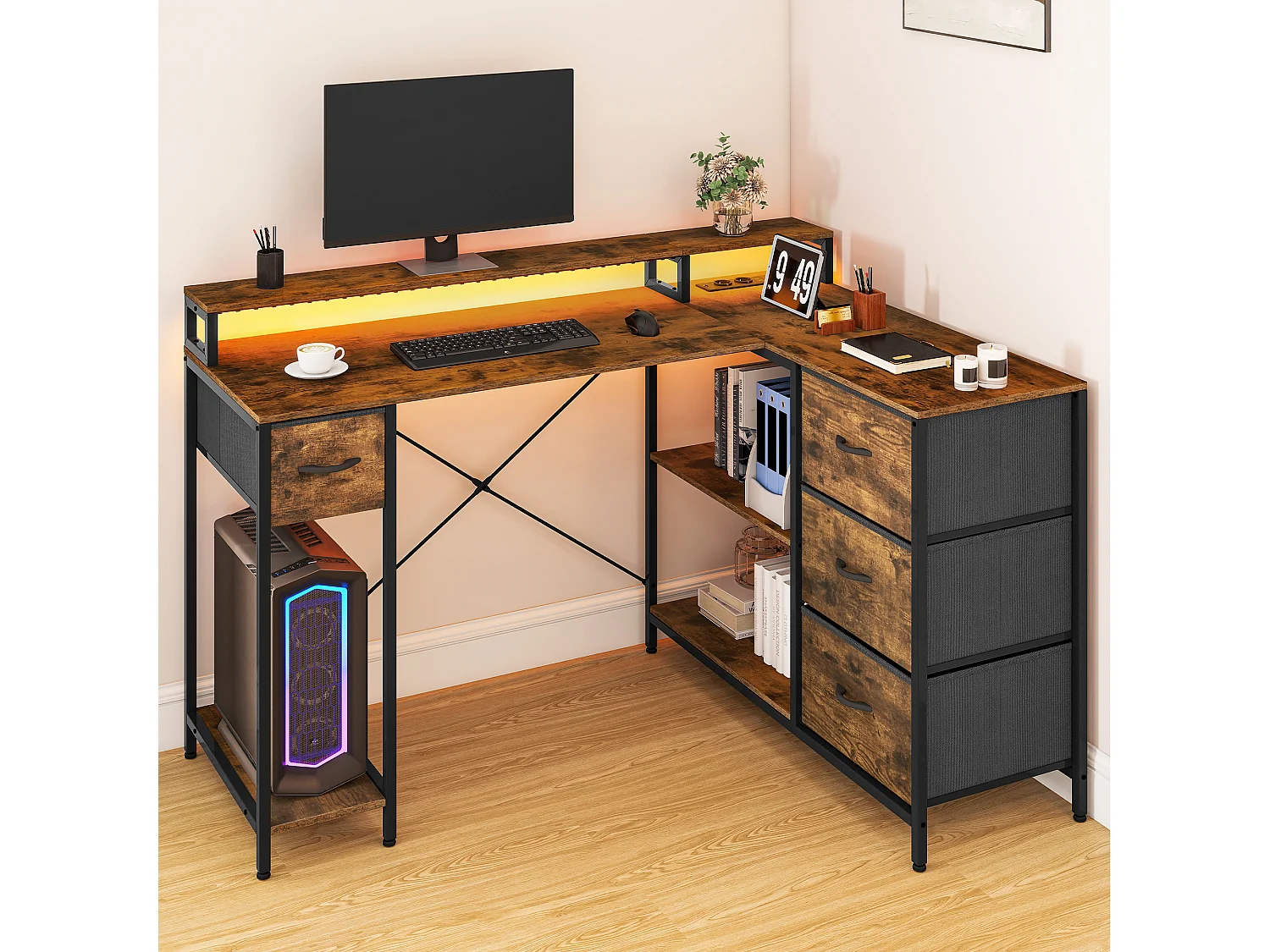 YITAHOME Bureau en L - Port de Charge USB et Prise - 4 Tiroirs et Étagère - 140 x 100 cm - Marron
