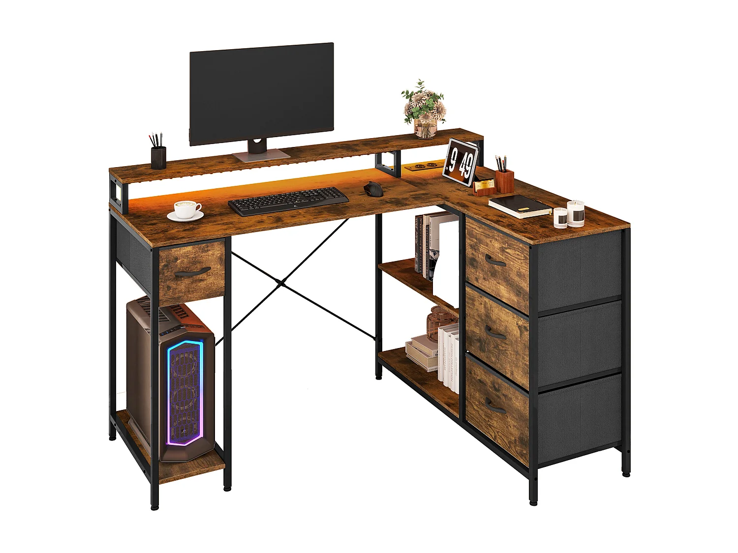 YITAHOME Bureau en L - Port de Charge USB et Prise - 4 Tiroirs et Étagère - 140 x 100 cm - Marron