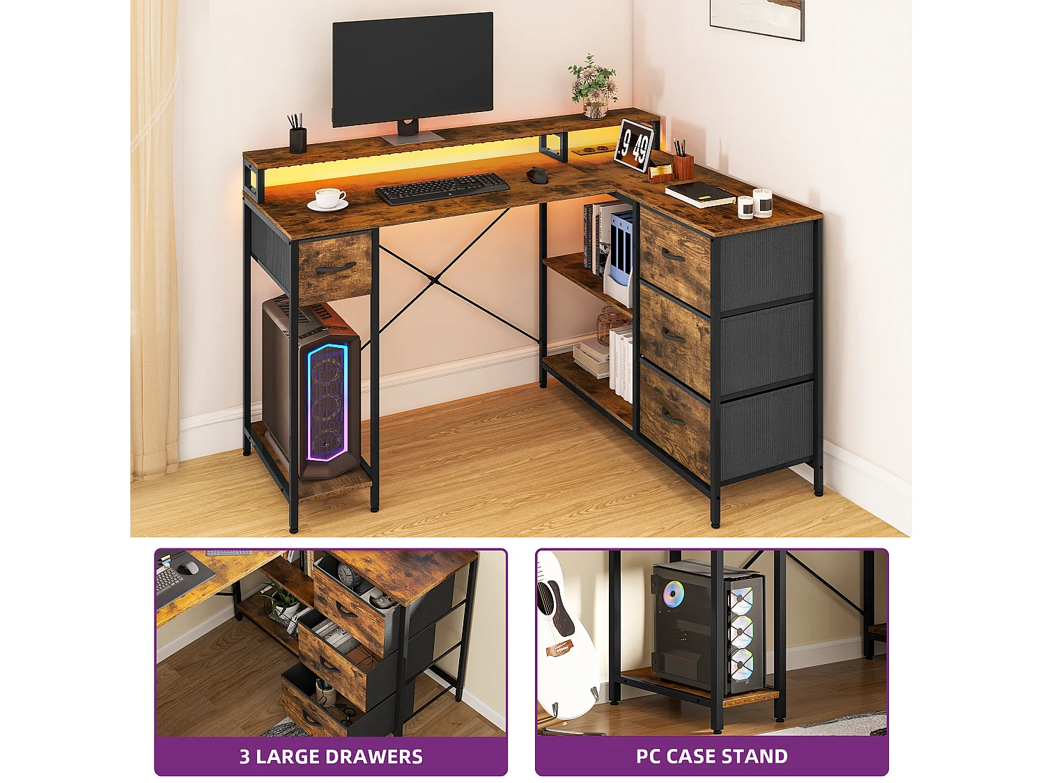 YITAHOME Bureau en L - Port de Charge USB et Prise - 4 Tiroirs et Étagère - 140 x 100 cm - Marron