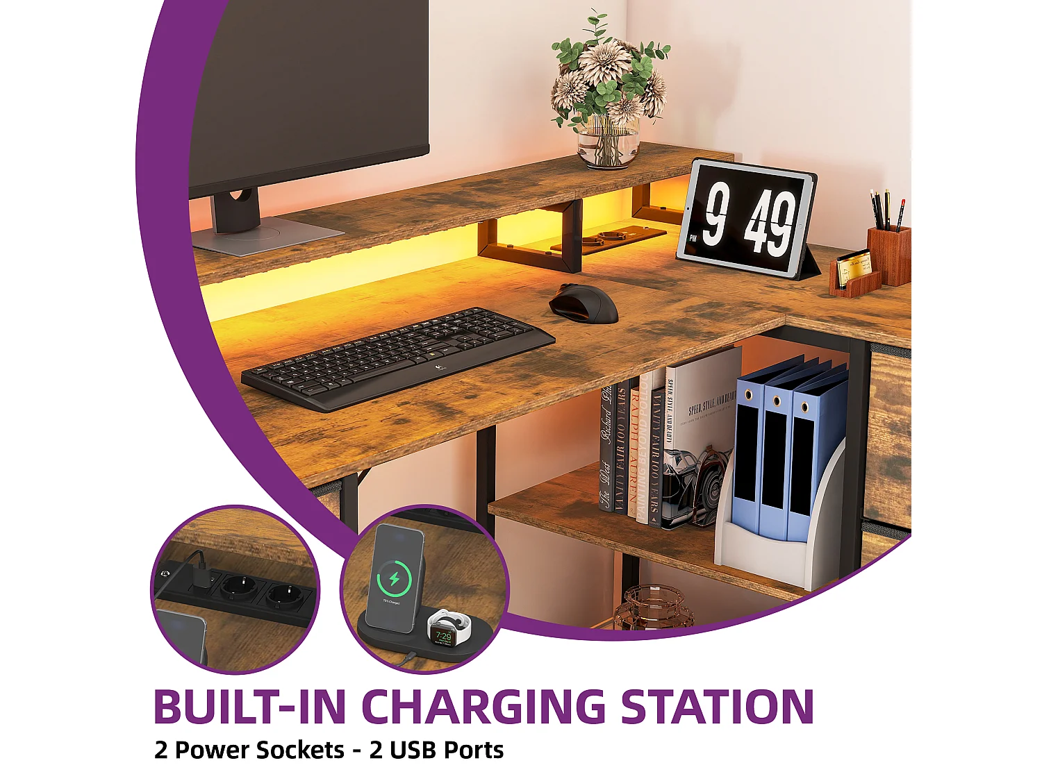 YITAHOME Bureau en L - Port de Charge USB et Prise - 4 Tiroirs et Étagère - 140 x 100 cm - Marron