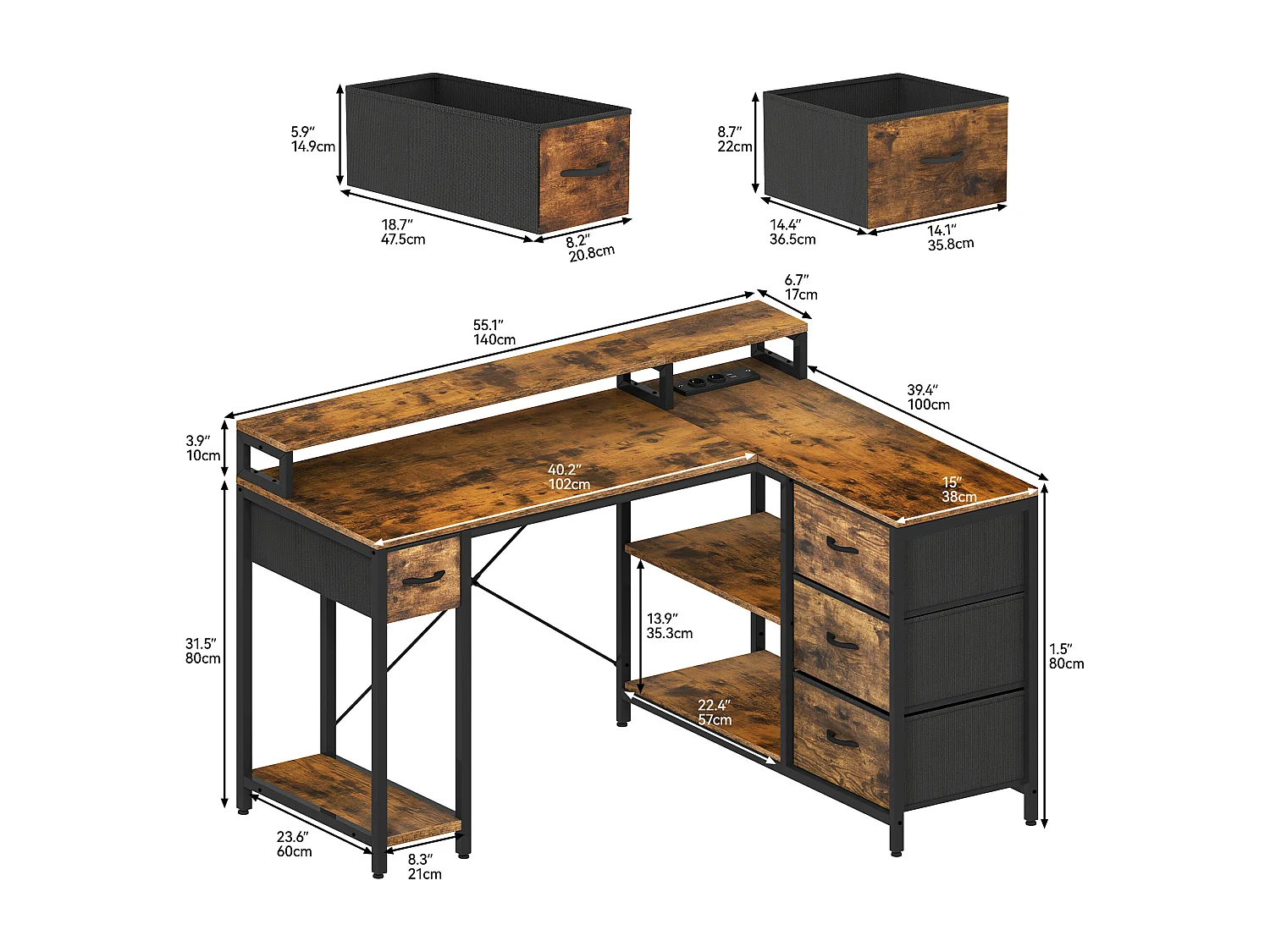 YITAHOME Bureau en L - Port de Charge USB et Prise - 4 Tiroirs et Étagère - 140 x 100 cm - Marron