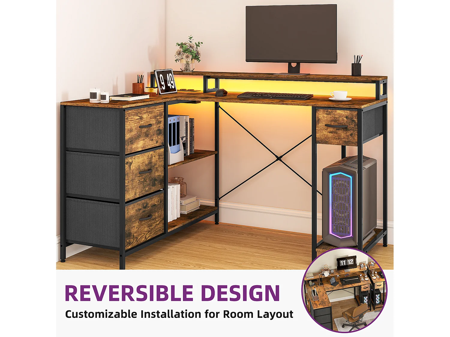 YITAHOME Bureau en L - Port de Charge USB et Prise - 4 Tiroirs et Étagère - 140 x 100 cm - Marron