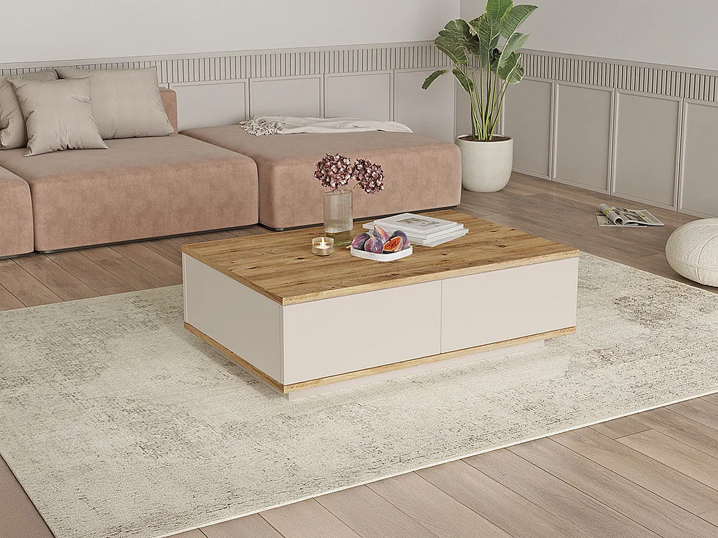 Table basse avec 2 portes - Naturel et Beige - LOTULA