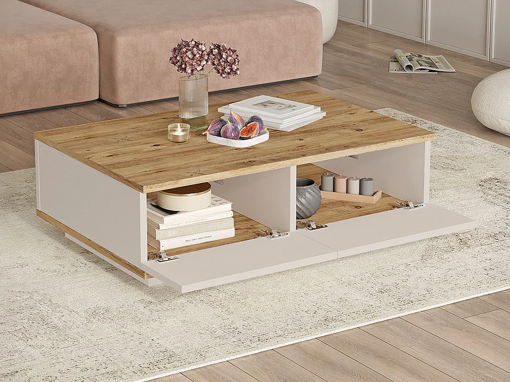 Table basse avec 2 portes - Naturel et Beige - LOTULA