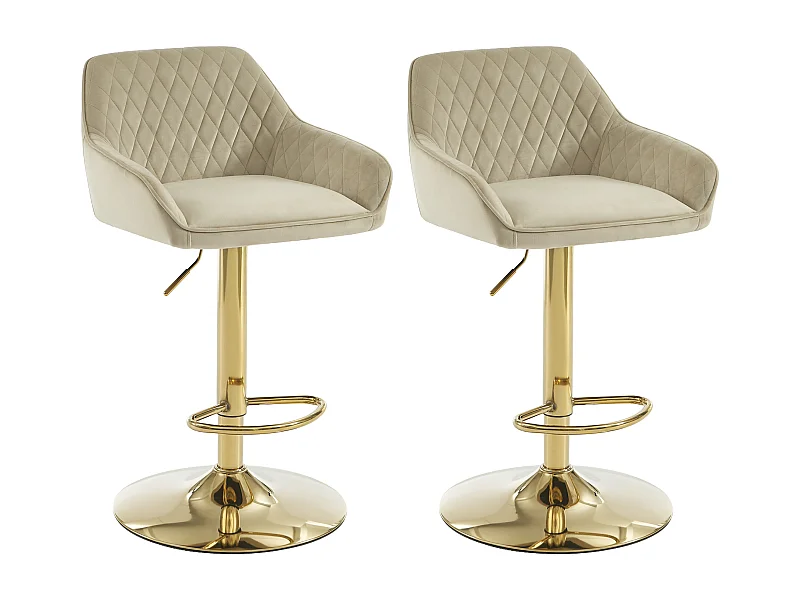 Lot de 2 tabourets de bar en velours et métal doré - Hauteur réglable - Beige - TAVOA
