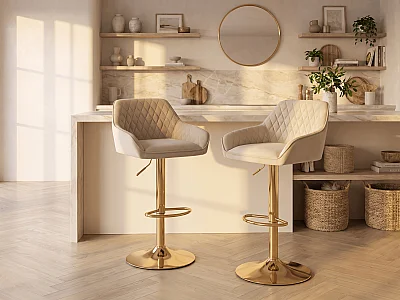 Juego de 2 taburetes de bar en terciopelo y metal dorado - Altura ajustable - Beige - TAVOA