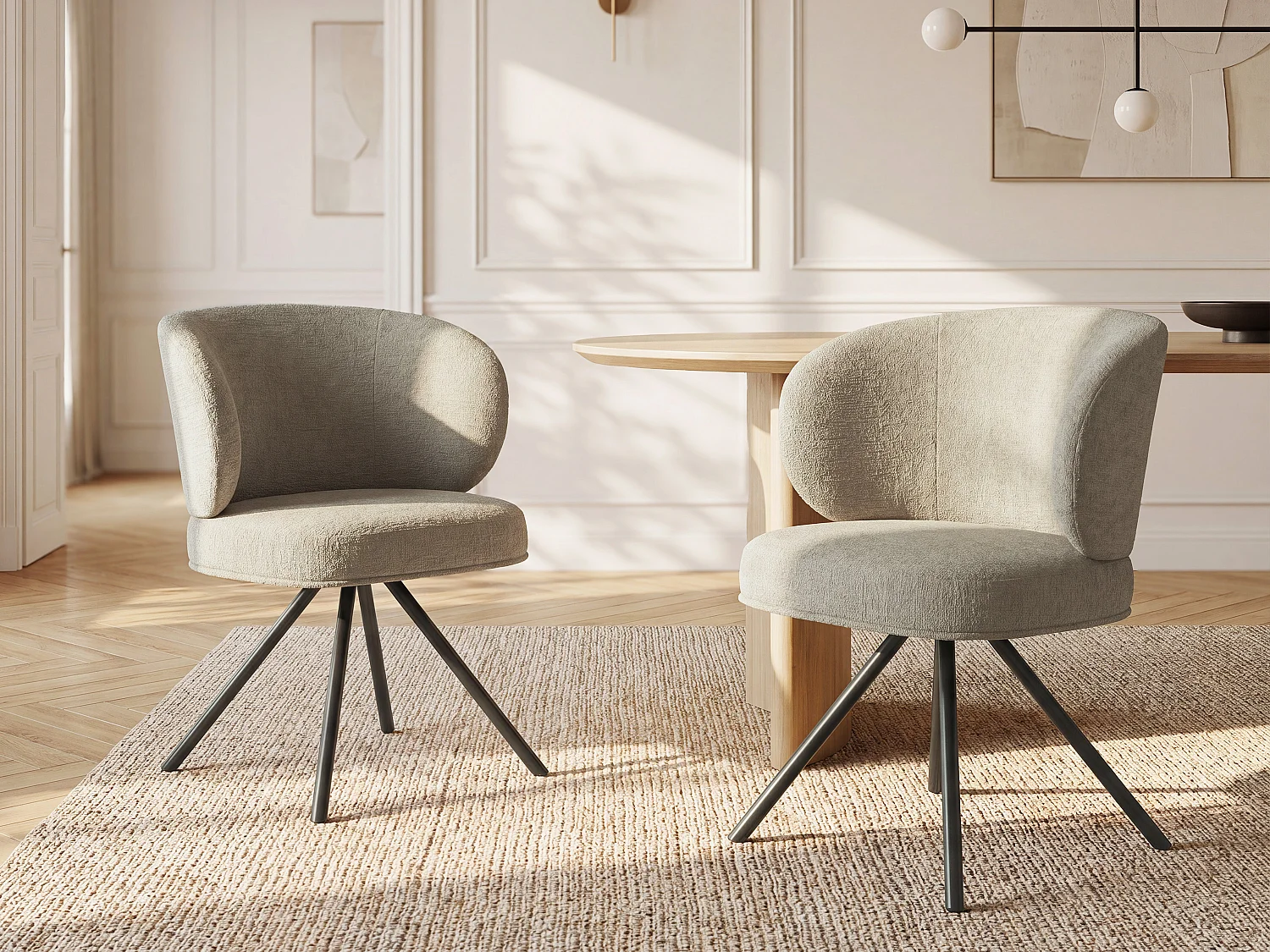 Lot de 2 chaises pivotantes en tissu texturé et métal noir - Taupe - LYARO