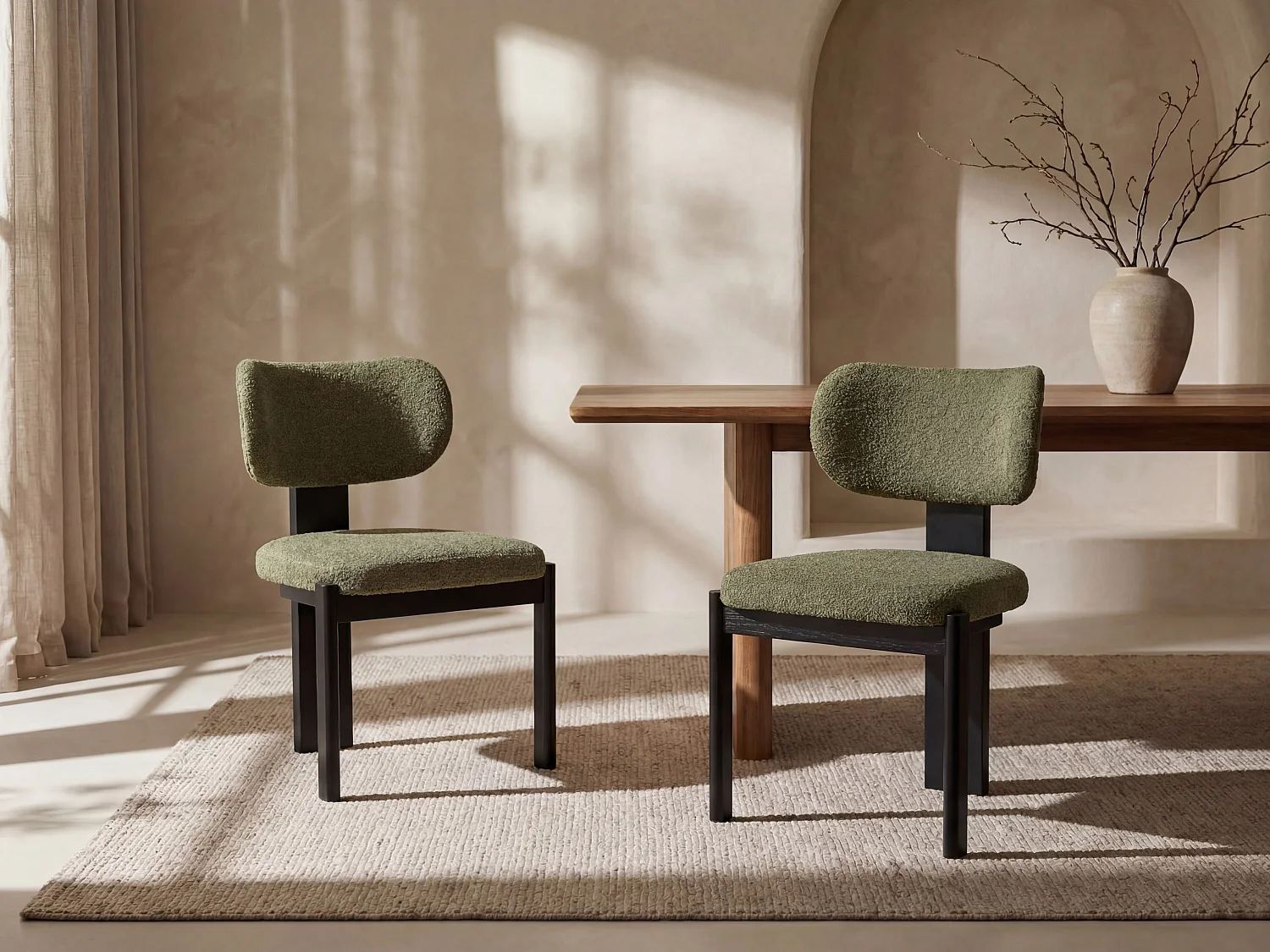 Sedia in tessuto bouclette e legno di hevea nero - Kaki - Lotto di 2 - WILANA
