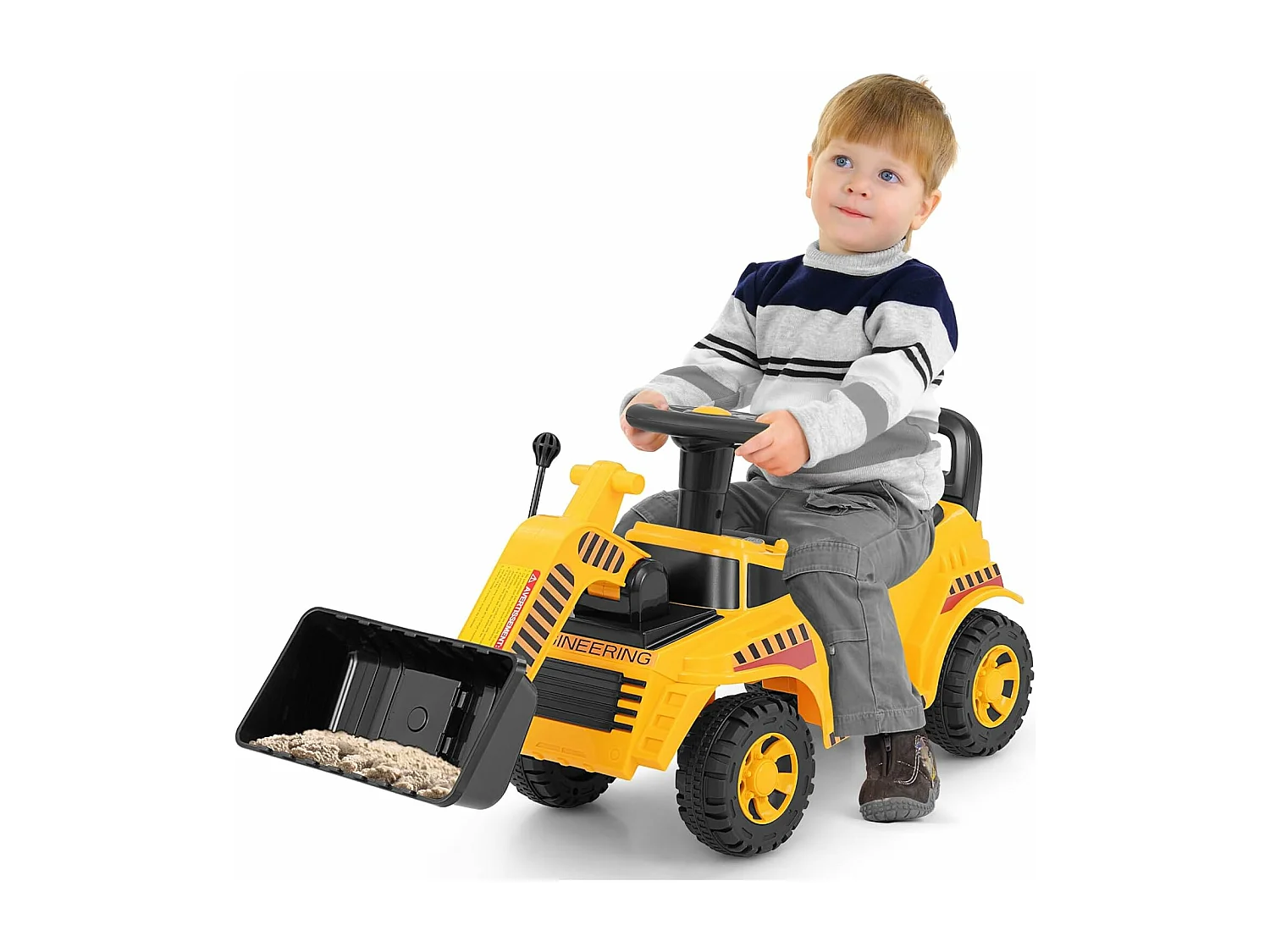 Excavateur Porteur Enfant avec Godet Réglable & Son de Moteur, Véhicule de Construction avec Bloc Anti-basculement, Espace Caché, Charge 15KG, pour 19-36 Mois