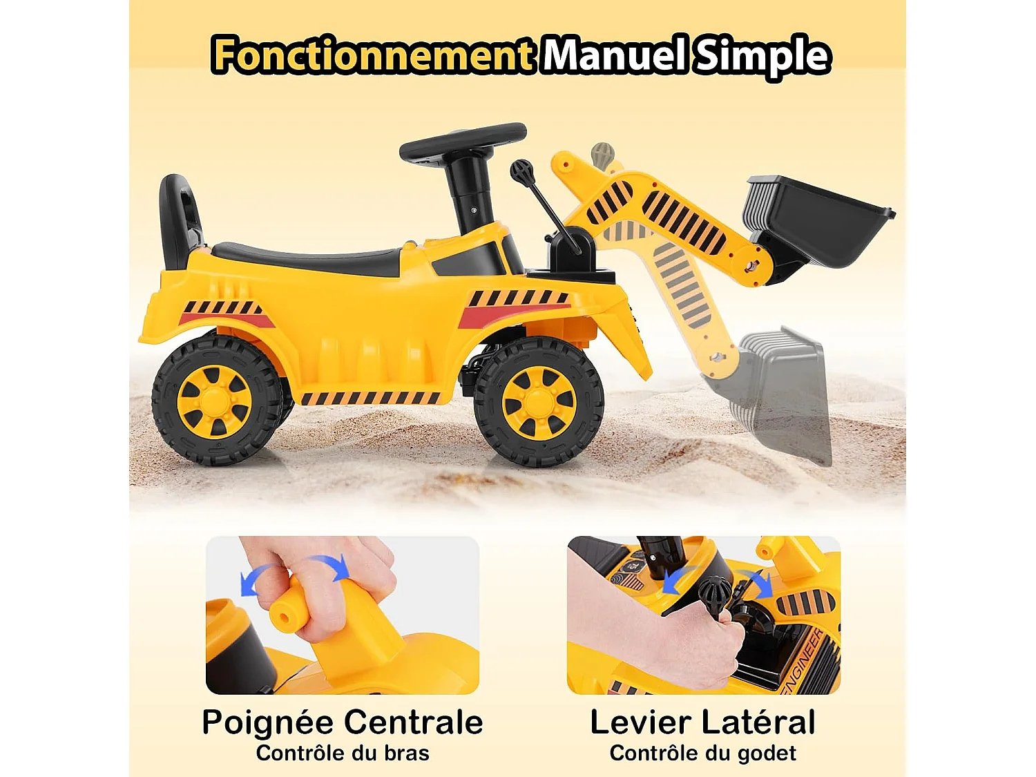 Excavateur Porteur Enfant avec Godet Réglable & Son de Moteur, Véhicule de Construction avec Bloc Anti-basculement, Espace Caché, Charge 15KG, pour 19-36 Mois