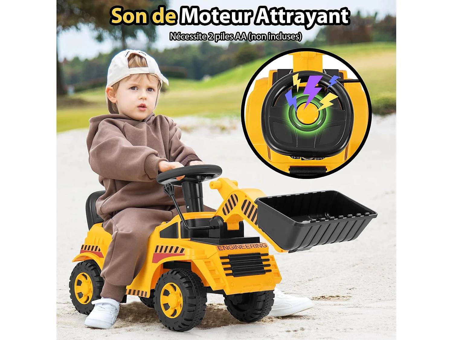 Excavateur Porteur Enfant avec Godet Réglable & Son de Moteur, Véhicule de Construction avec Bloc Anti-basculement, Espace Caché, Charge 15KG, pour 19-36 Mois