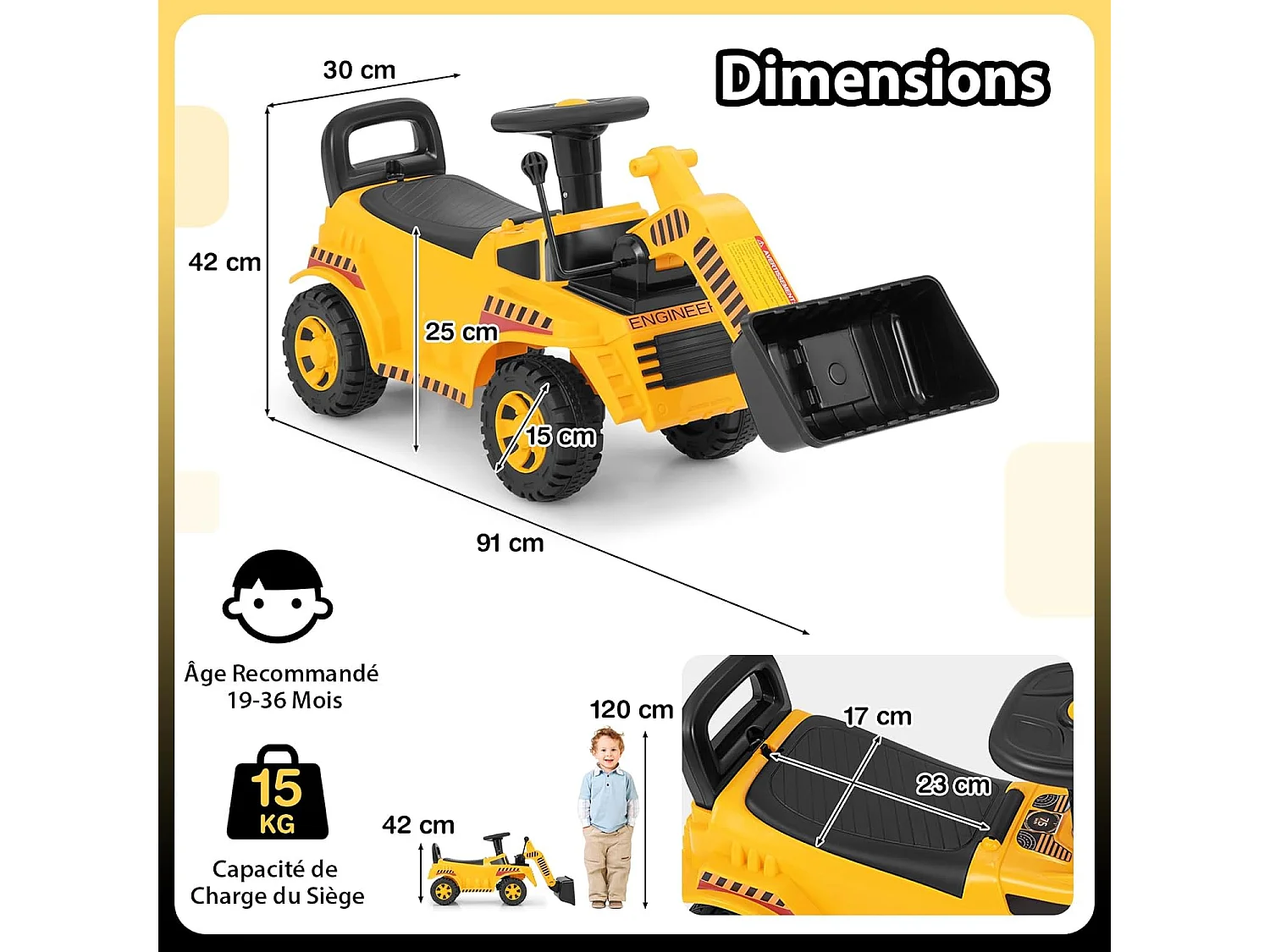 Excavateur Porteur Enfant avec Godet Réglable & Son de Moteur, Véhicule de Construction avec Bloc Anti-basculement, Espace Caché, Charge 15KG, pour 19-36 Mois