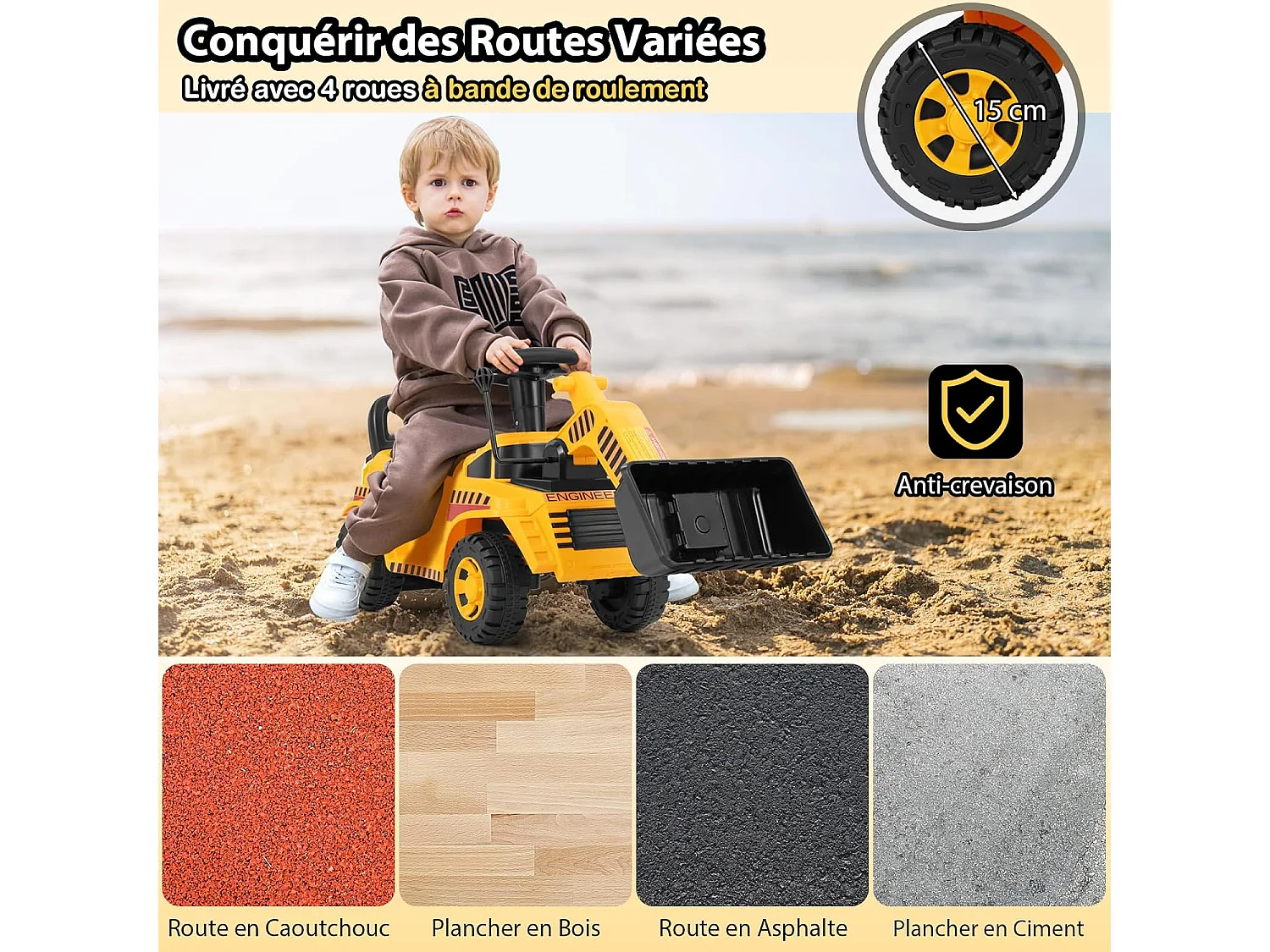 Excavateur Porteur Enfant avec Godet Réglable & Son de Moteur, Véhicule de Construction avec Bloc Anti-basculement, Espace Caché, Charge 15KG, pour 19-36 Mois