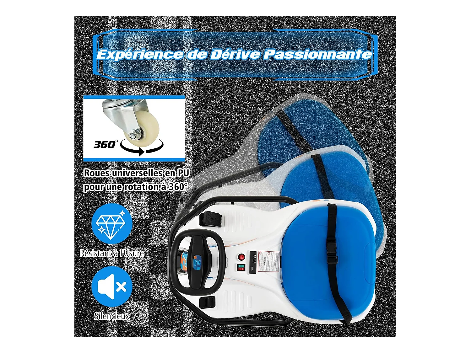 24V Kart Électrique à Vitesse Variable(3-8KM/H) avec 5 Roues & 3 Drapeaux, Voiture à Dérive Électrique avec Lumière LED & Musique, Charge 60kg pour 3 Ans+