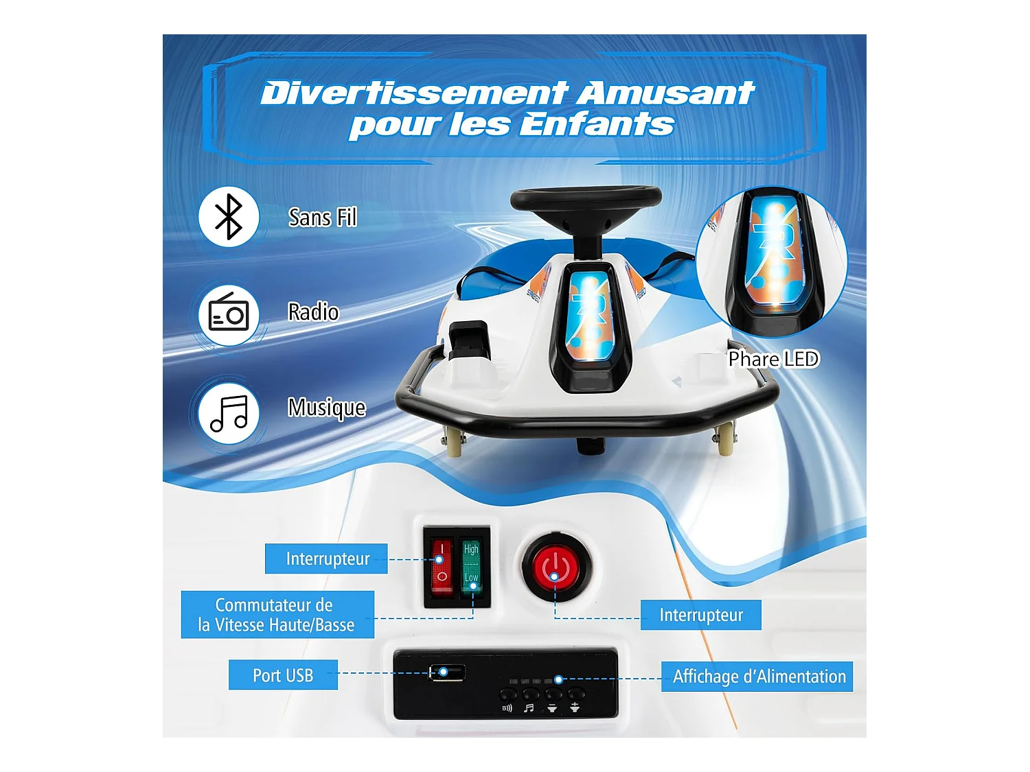 24V Kart Électrique à Vitesse Variable(3-8KM/H) avec 5 Roues & 3 Drapeaux, Voiture à Dérive Électrique avec Lumière LED & Musique, Charge 60kg pour 3 Ans+