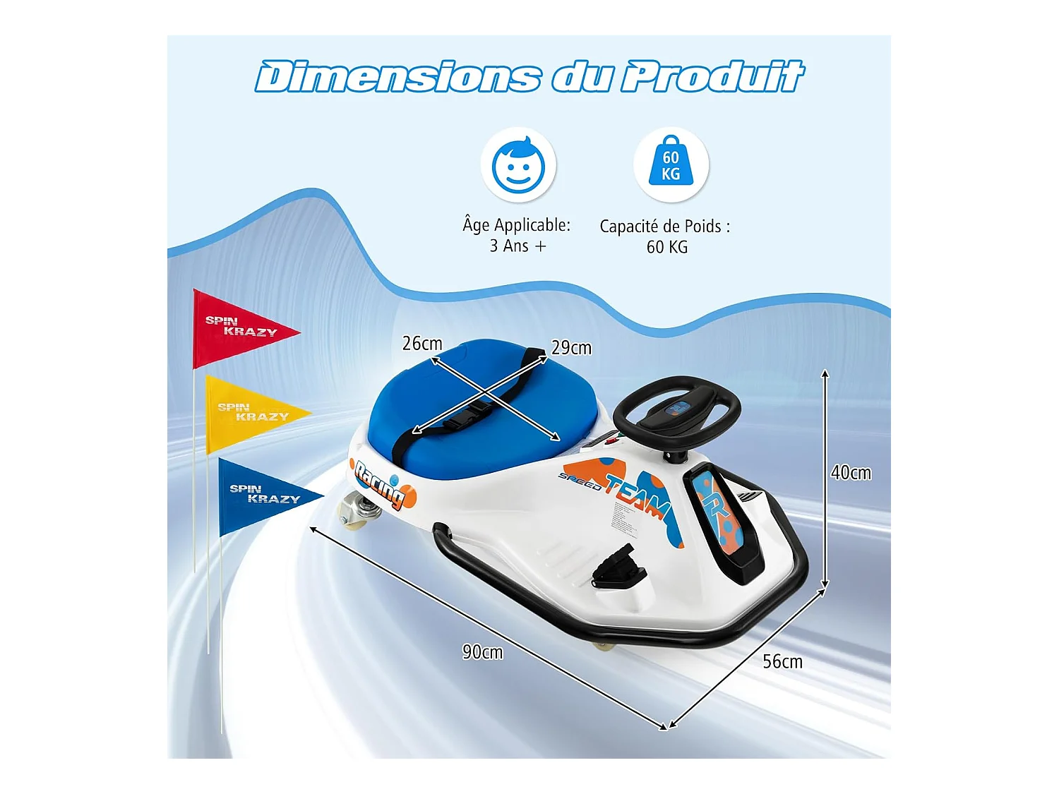 24V Kart Électrique à Vitesse Variable(3-8KM/H) avec 5 Roues & 3 Drapeaux, Voiture à Dérive Électrique avec Lumière LED & Musique, Charge 60kg pour 3 Ans+