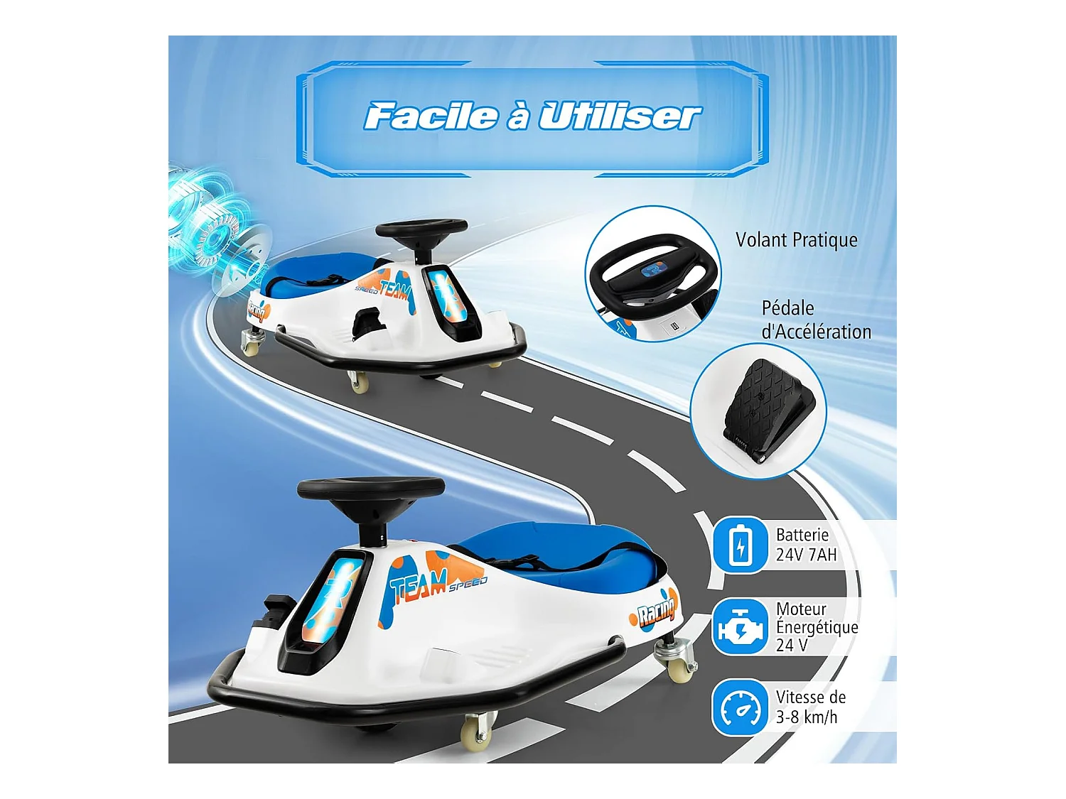 24V Kart Électrique à Vitesse Variable(3-8KM/H) avec 5 Roues & 3 Drapeaux, Voiture à Dérive Électrique avec Lumière LED & Musique, Charge 60kg pour 3 Ans+