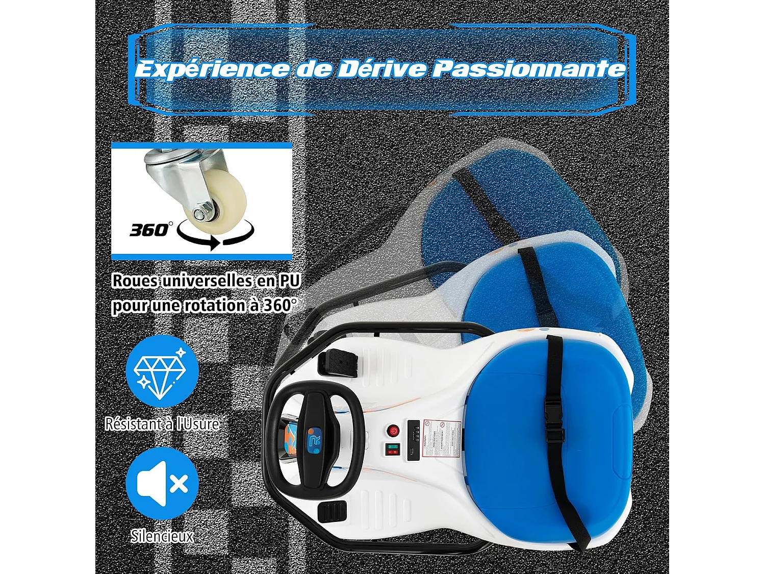 24V Kart Électrique à Vitesse Variable(3-8KM/H) avec 5 Roues & 3 Drapeaux, Voiture à Dérive Électrique avec Lumière LED & Musique, Charge 60kg pour 3 Ans+