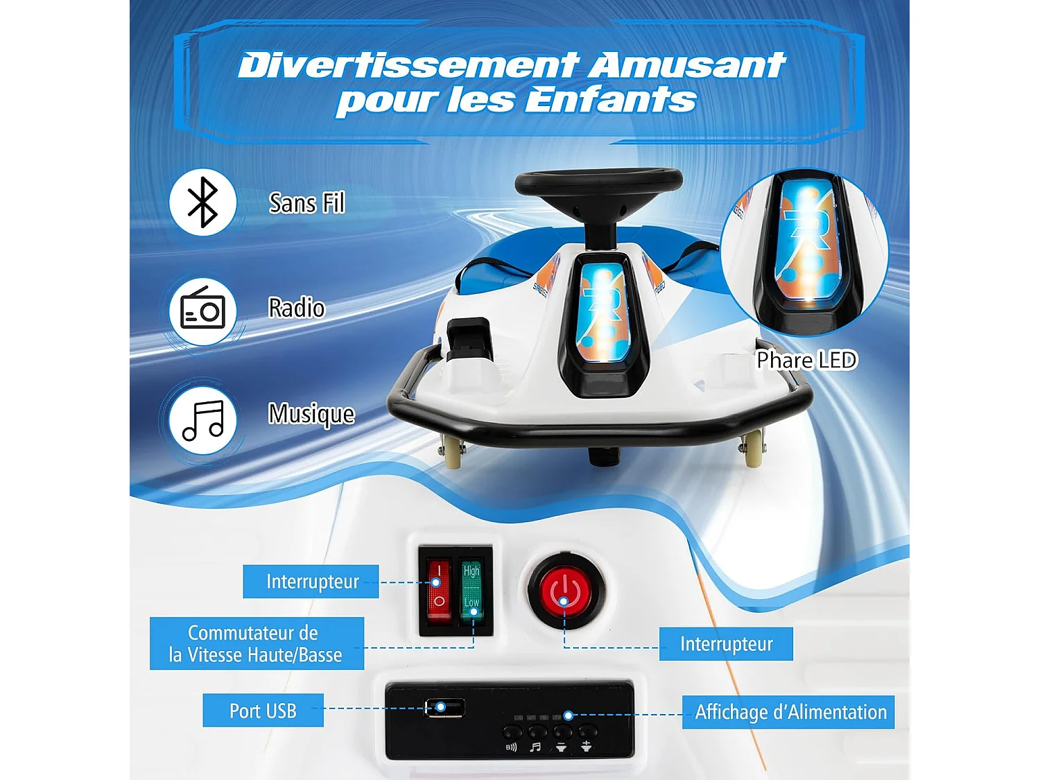 24V Kart Électrique à Vitesse Variable(3-8KM/H) avec 5 Roues & 3 Drapeaux, Voiture à Dérive Électrique avec Lumière LED & Musique, Charge 60kg pour 3 Ans+
