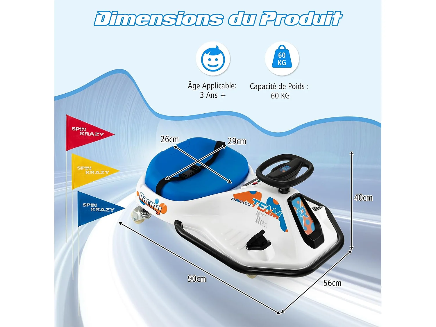 24V Kart Électrique à Vitesse Variable(3-8KM/H) avec 5 Roues & 3 Drapeaux, Voiture à Dérive Électrique avec Lumière LED & Musique, Charge 60kg pour 3 Ans+