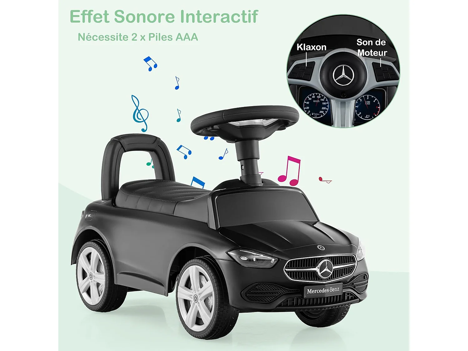 Porteur Enfant avec Volant & Klaxon & Son de Moteur, Voiture Mercedes-Benz Enfant avec Coffre à Jouets, Dispositif Anti-basculement, Charge 25kg pour 1-3 Ans (Noir)